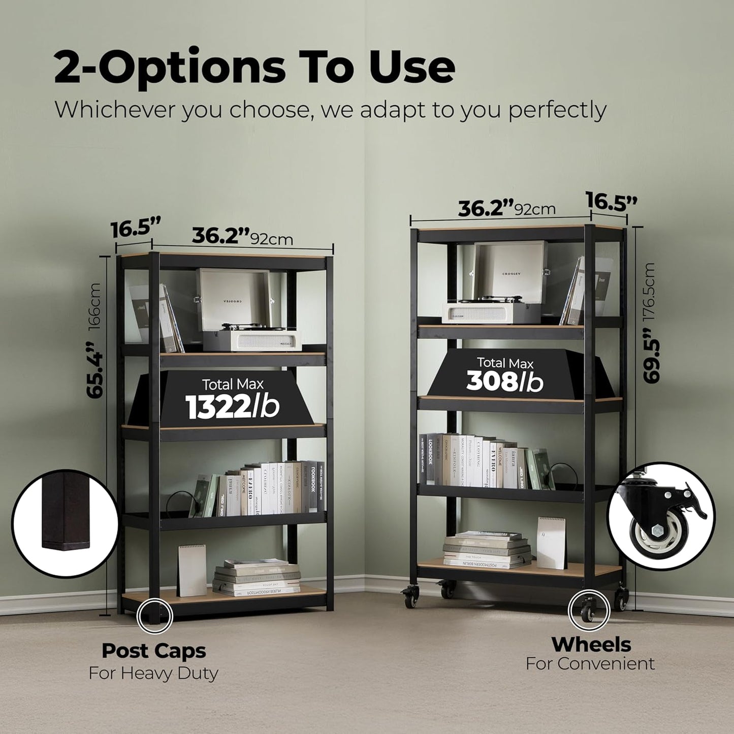 HOMEDANT House 5-Tier Metal Rolling Cart Shelf Rack Casters Heavy Duty Wheel Shelving Unit Adjustable Utility Storage Shelves Organizer Shelf Kitchen Garage 36.2" W x 16.5" D x 69.5" H 10Pack