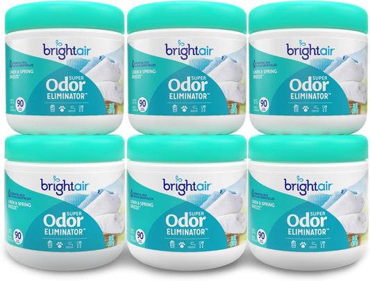 Bright Air 14 oz. Super Odor Eliminator, For Medium-Size Spaces, Linen & Spring Breeze Scent, Case of 6, Air Freshener, Natural Essential Oils, Lasts Up to 90 Days Each