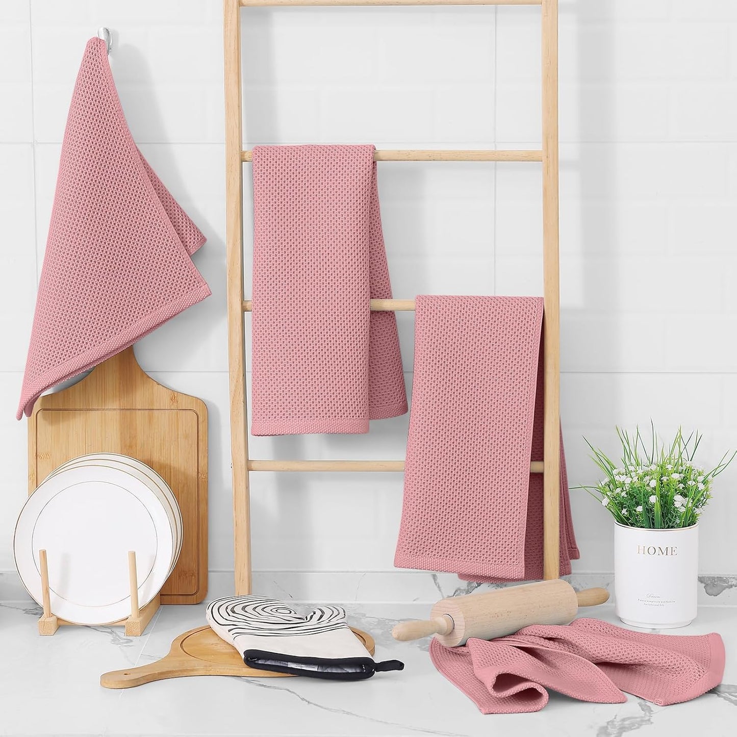 Homaxy 100% Cotton Waffle Weave Kitchen Dish Towels, Ultra Soft Absorbent Quick Drying Cleaning Towel, 13 x 28 Inches, 4-Pack, Dried Rose