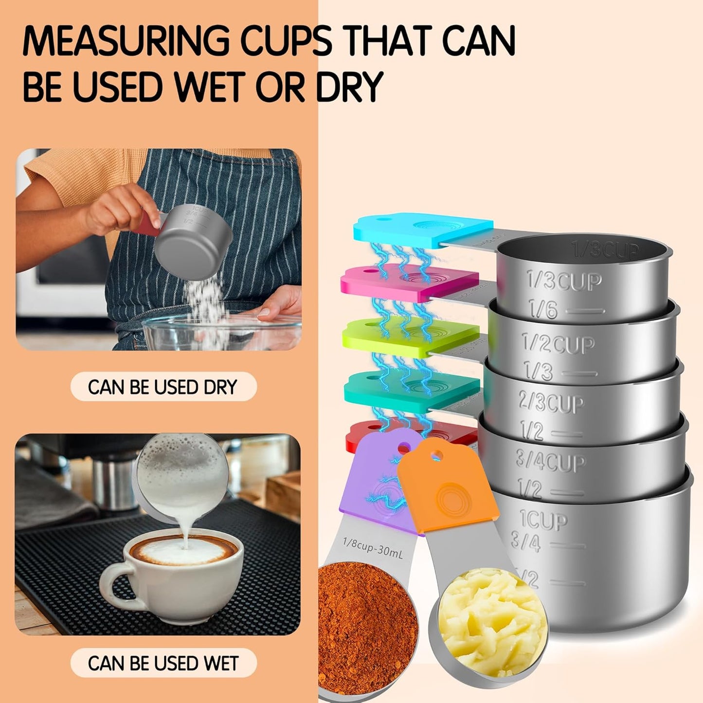 Magnetic Measuring Cups, 7 Stainless Steel Nesting Measuring Cup Set for Measuring Dry or Liquid Ingredients