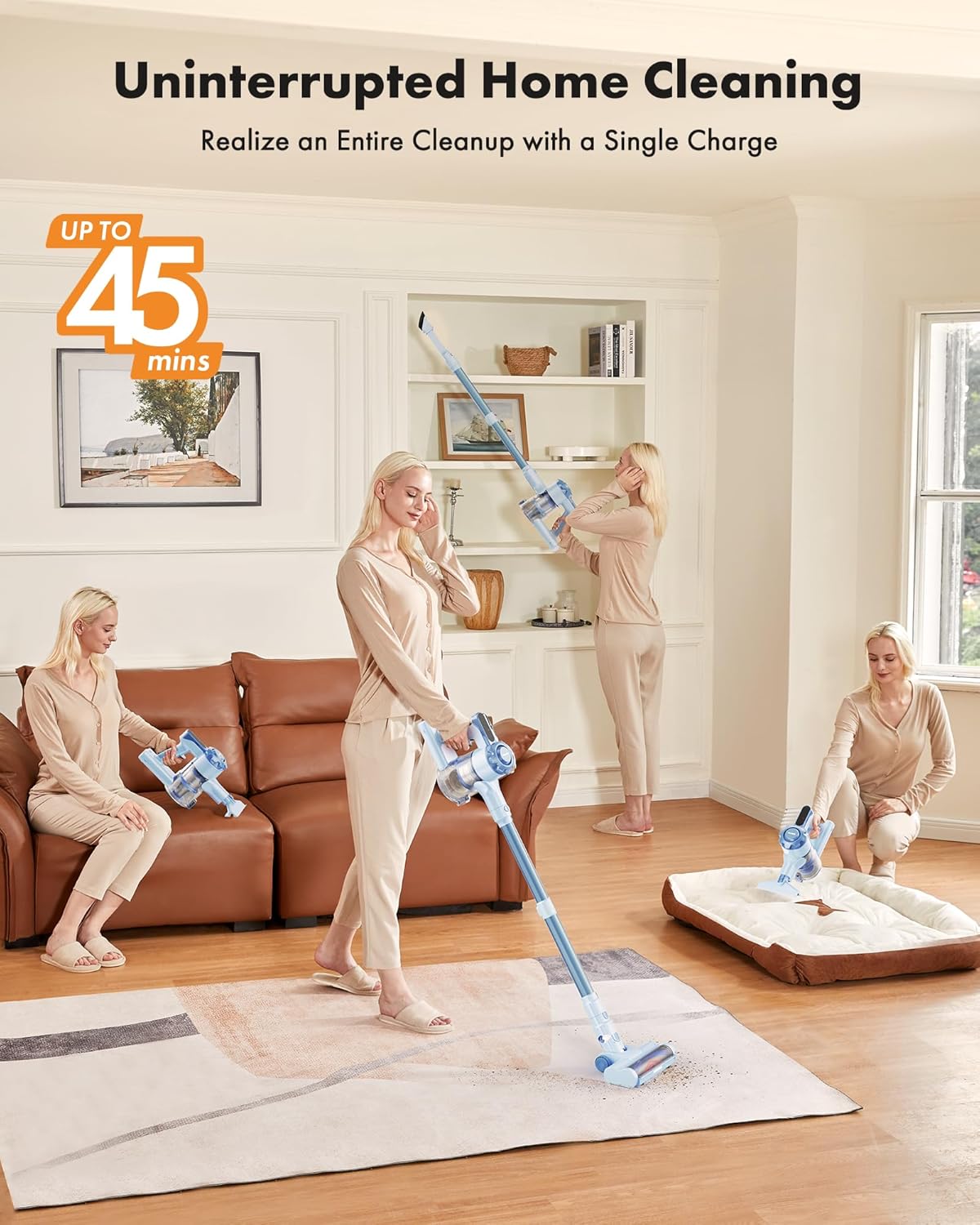 Trucozie Cordless Vacuum Cleaner, 8-in-1 Lightweight Stick Vacuum with 45mins Runtime, Powerful Suction, Rechargeable Cordless Vacuum for Carpet, Tile, Pet Hair, Hardwood Floors, Blue