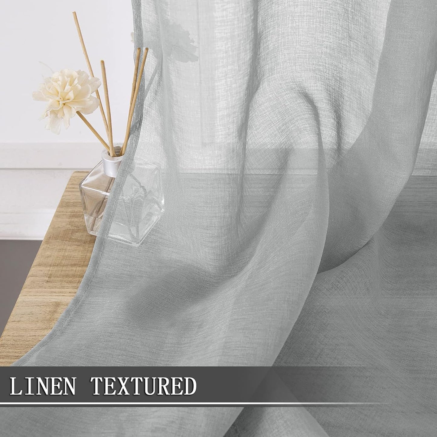 Tollpiz Short Sheer Curtains Linen Textured Bedroom Curtain Sheers Light Filtering Rod Pocket Voile Curtains for Living Room, 54 x 45 inches Long, Silver Grey, Set of 2 Panels