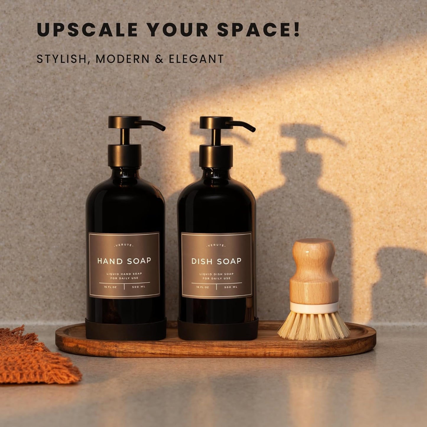 16oz Glass Soap Dispenser with Stainless Steel Pump, 21 Waterproof Labels, Non-Slip Protective Silicone Pad, Set of 2 for Bathroom & Kitchen (Gloss Black Bottle/Black Pump)