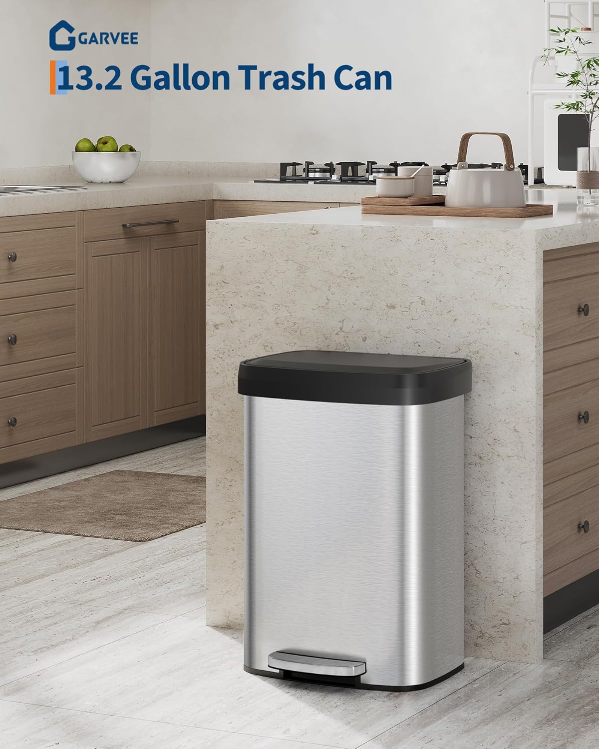 Garvee 13 Gallon / 50 L Stainless Steel Trash Can with Lid, Large Garbage Can for Kitchen, Rustproof Step-on Kitchen Metal Trash Bin with Liner Rim, Rear Handle, Soft Close Plastic Lid, Silver