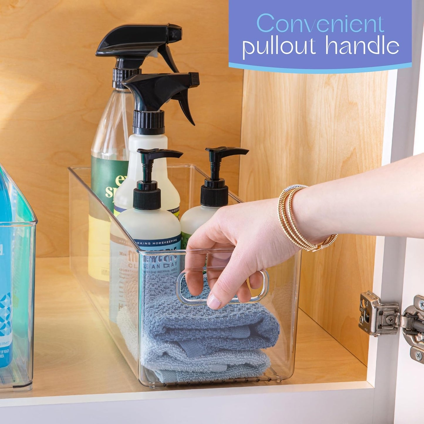 Plastic Food Storage 4 Pack Clear Container Bin with Handles for Organizing Kitchen, Pantry, Refrigerator, Freezer, Pantry, Cabinet, Closet, Bathroom. 16”x6”x5”