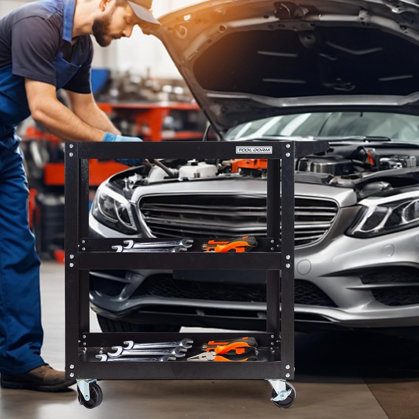 Utility Service Cart, 3 Shelf 200LBS Heavy Duty Steel Rolling Utility Cart, Medium Lipped Shelf, 360° Swivel Wheels, Ergonomic Storage Handle for Warehouse Garage, Black