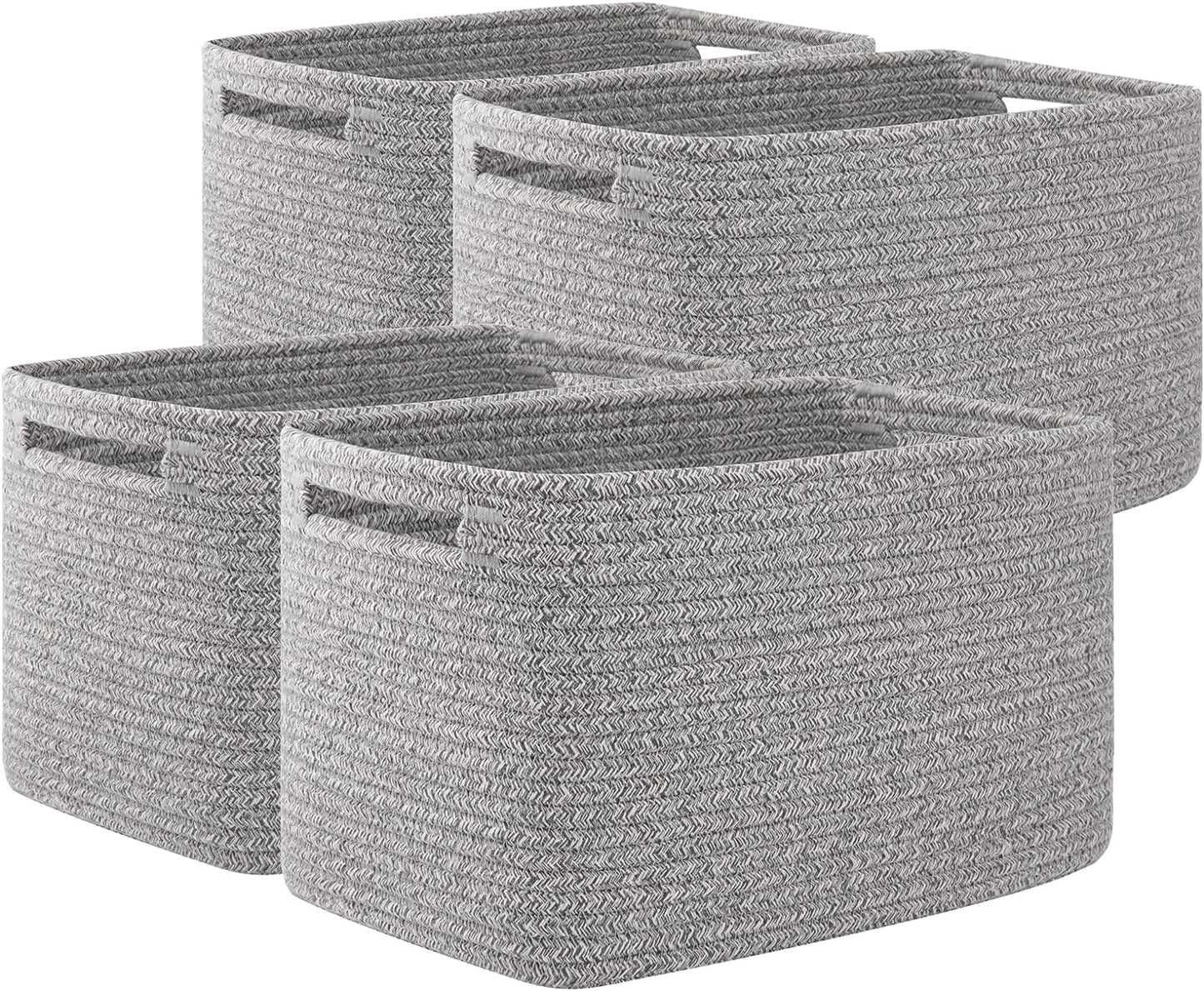 OIAHOMY 4 Pack Storage Baskets for Organizing, Cube Storage Bins for Shelves, Rectangle Storage Baskets With Handles, Woven Baskets for Storage, 12.7''Lx9''Wx7.8''H, Grey