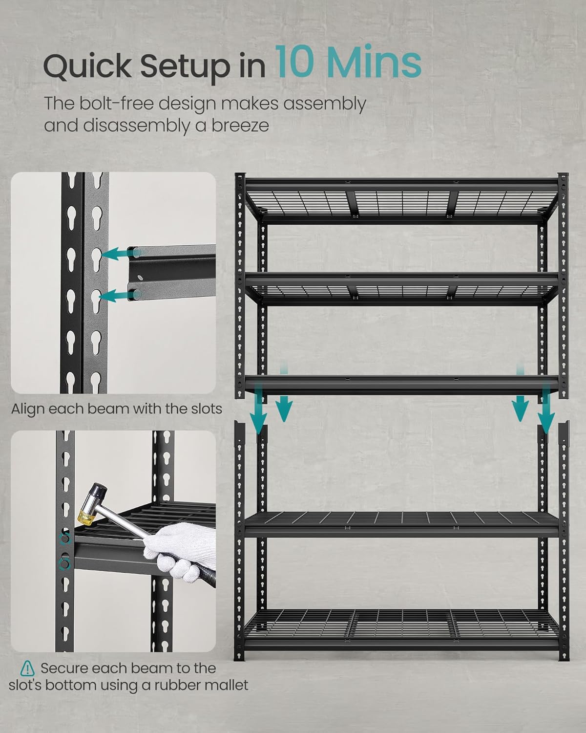 SONGMICS 5-Tier Storage Shelves, Heavy-Duty Garage Shelving, Adjustable Shelving Unit, Steel Shelf, Boltless Assembly, for Garage, 2,200 lb Load, 24 x 144 x 72 Inches, Ink Black UGLR454B03