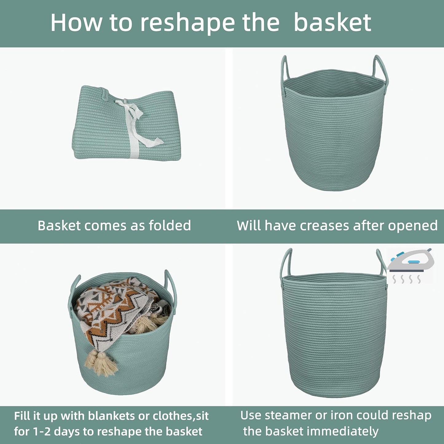 Cotton Rope Laundry Basket Hamper for Clothes Woven Storage Basket for Living Room Bedroom Boho Tall Rope Baskets for Blanket Toys Pillow Towels Baby Nursery Hamper Bin Large light green