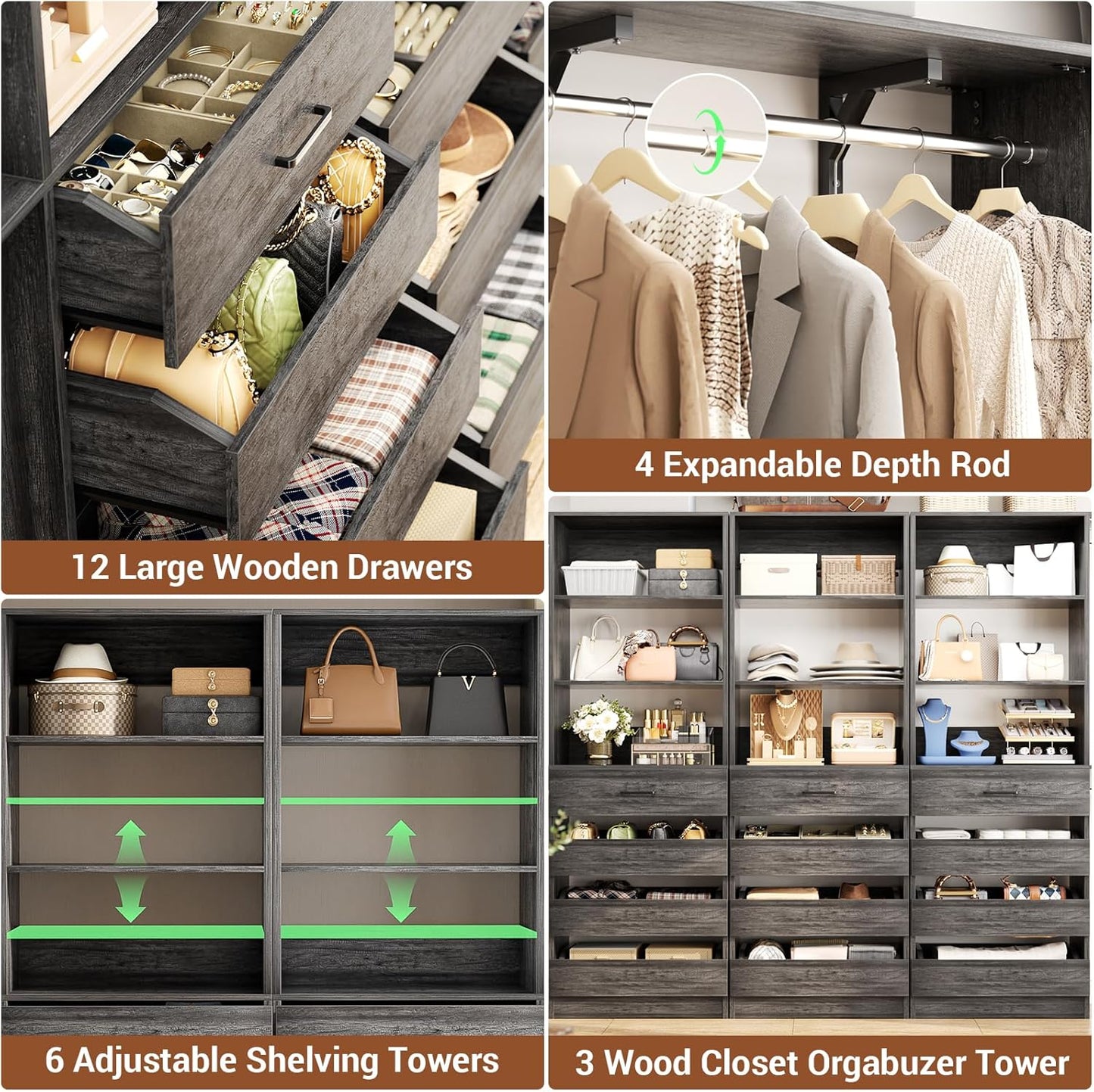 Aheaplus Closet System Set of 3, 138.5" Wood Closet Organizer System Tower with 12 Drawers & 4 Hanging Rods, 6.7+4.85Ft L Shaped Walk-in Closets Wardrobe Organizer Garment Rack with Shelves, Black Oak