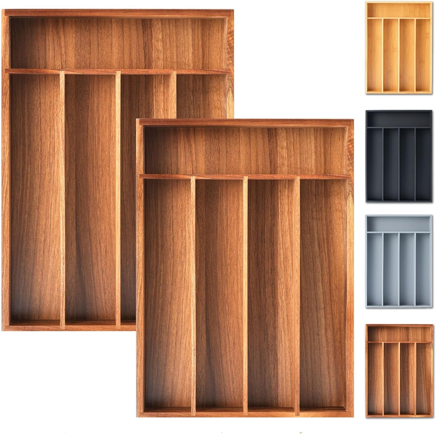 Silverware Organizer, 2 Pack 10 Inch Utensil Organizer Kitchen Drawer Organizer Acacia Silverware Holder Cutlery Tray Organizer in Drawer Flatware Organizer Tray(5 slots, Acacia）