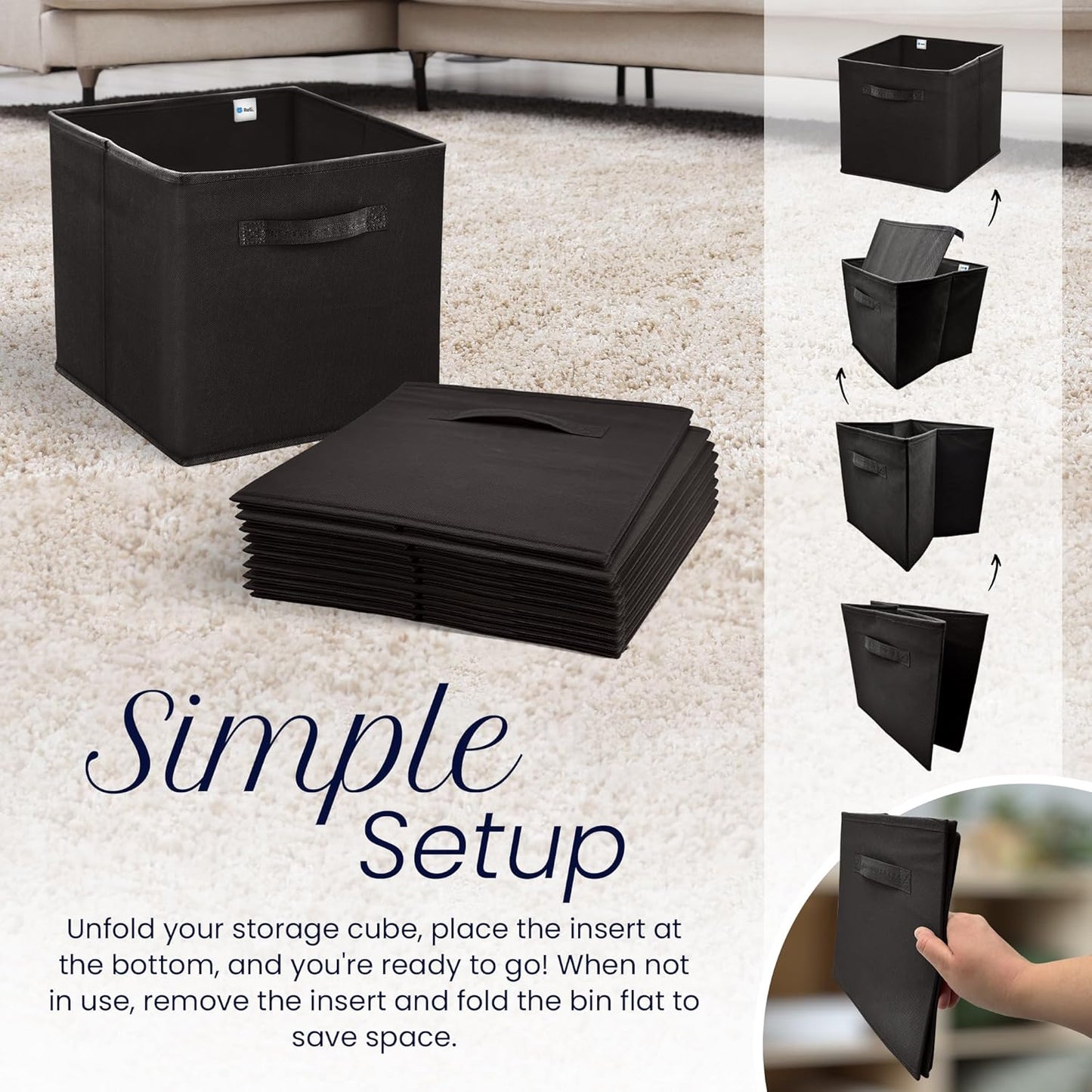 Reli. 11 Inch Cube Storage Bins (12 Pack) | Cube Organizer Bins | 11x11 Fabric Storage Boxes | Collapsible, Foldable Fabric Cubby Box (Square) | Bedroom, Office, Home Organization