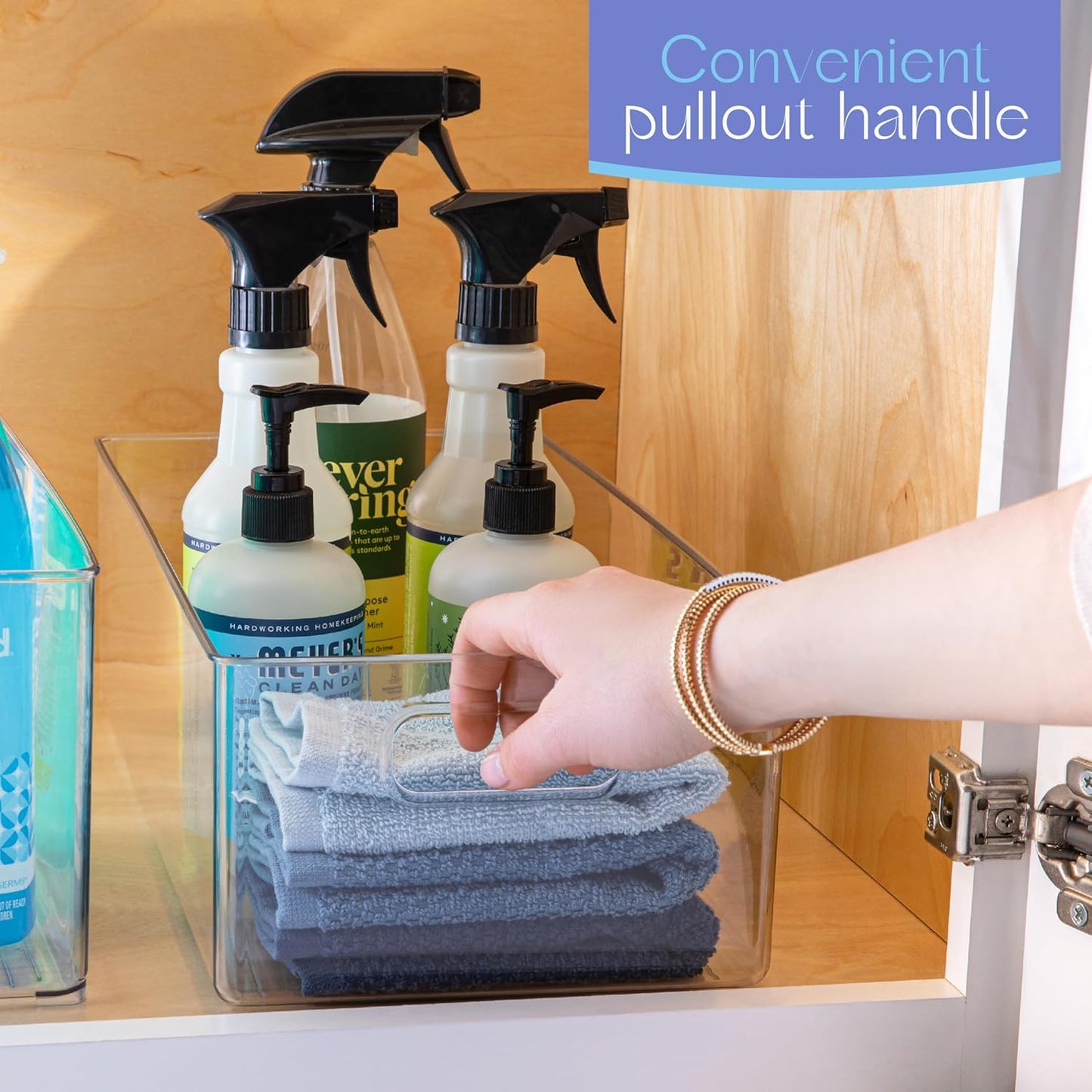 Plastic Food Storage 4 Pack Clear Container Bin with Handles for Organizing Kitchen, Pantry, Refrigerator, Freezer, Pantry, Cabinet, Closet, Bathroom. 14”x8”x5”