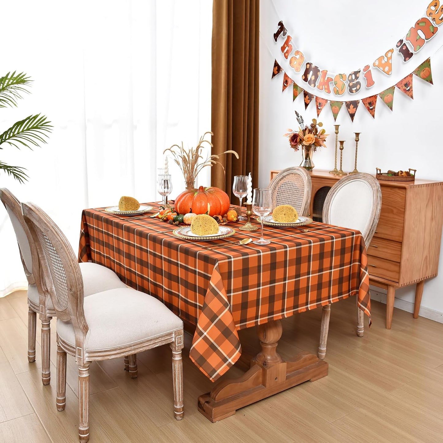 Gingham Tablecloth Fabric - Oblong 58x120 Water Resistant Autumn Plaid Table Cloth for Indoor/Outdoor Use - Fall Tabletop Cover for Halloween, Picnics, Gardens, and Thanksgiving Day