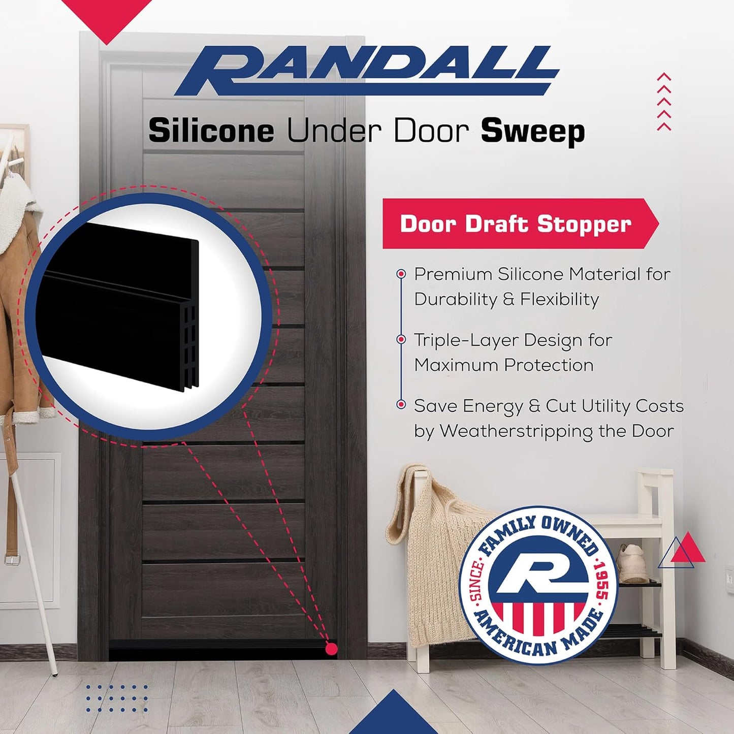 Adhesive Backed Door Draft Stopper – Silicone Under Door Sweep for Interior & Exterior Doors, Noise & Air Insulation, Self Stick Weather Stripping Door Seal, 2" W x 39" L (Black) by Randall Mfg