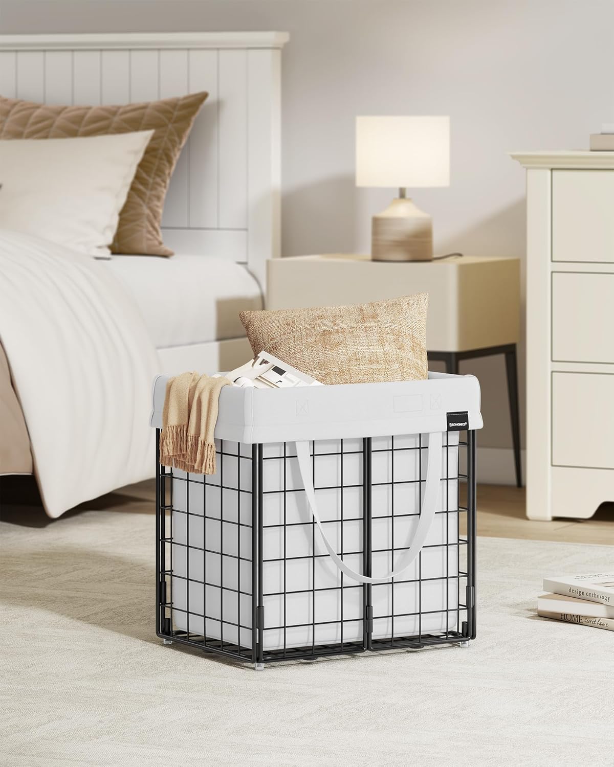 SONGMICS Laundry Hamper, 11 Gal. (50L) Laundry Basket, Collapsible Clothes Hamper, Removable and Washable Liner, Metal Wire Frame, for Bedroom Bathroom, Cream White ULCB150W01