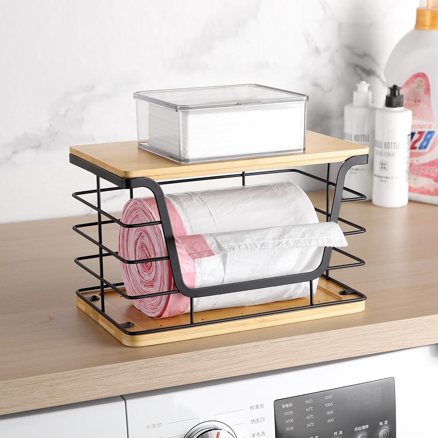 ALOCEO Extra Large Trash Bag Dispenser With Bamboo Top, Stainless Steel Stackable Garbage Bag Holder for Giant Trash Bags, Black