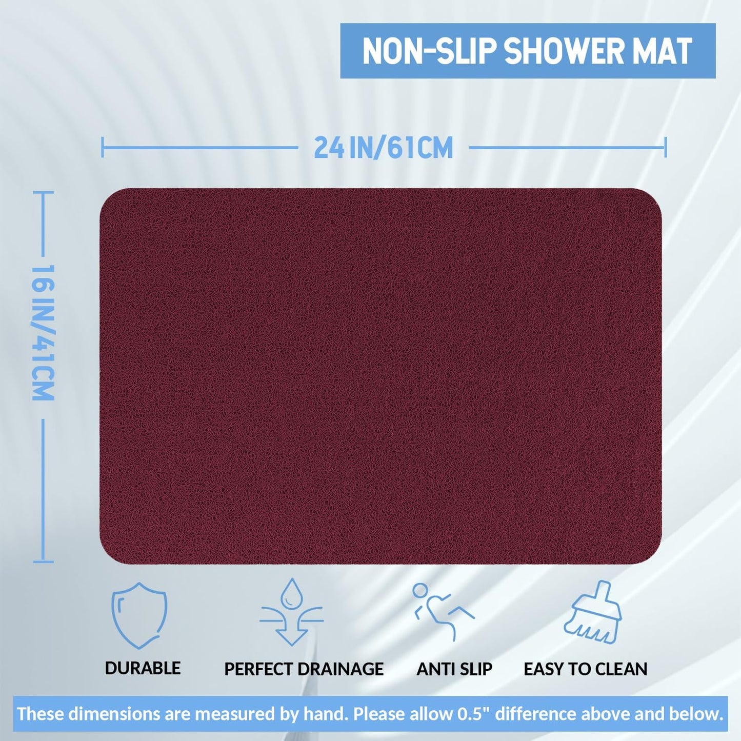 Non-Slip Bathtub Mat, Anti Slip Shower Mat, Fast Drying Bathtub Mats, Foot Scrubber Mat, Anti Slip Mat for Tub, Floor, Bathroom, Kitchen, Home, Hotel (Wine Red 24"×16")