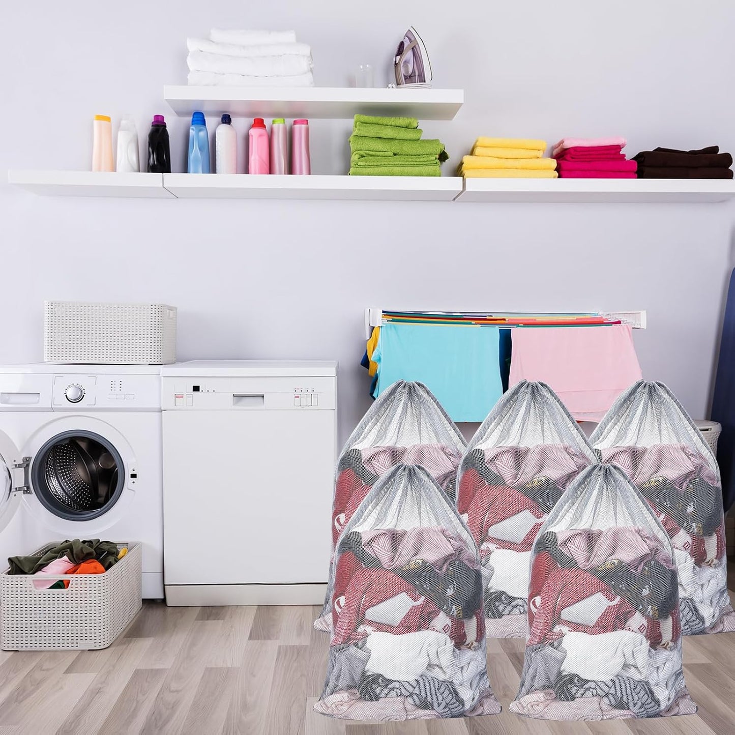 Berlune 30 Pack 24 x 36 Inches Large Mesh Bags for Laundry, Wash bags, Sturdy Mesh Material Closed with Drawstring, Factory, University, Dormitory, Travel and Apartment Dweller (Gray)