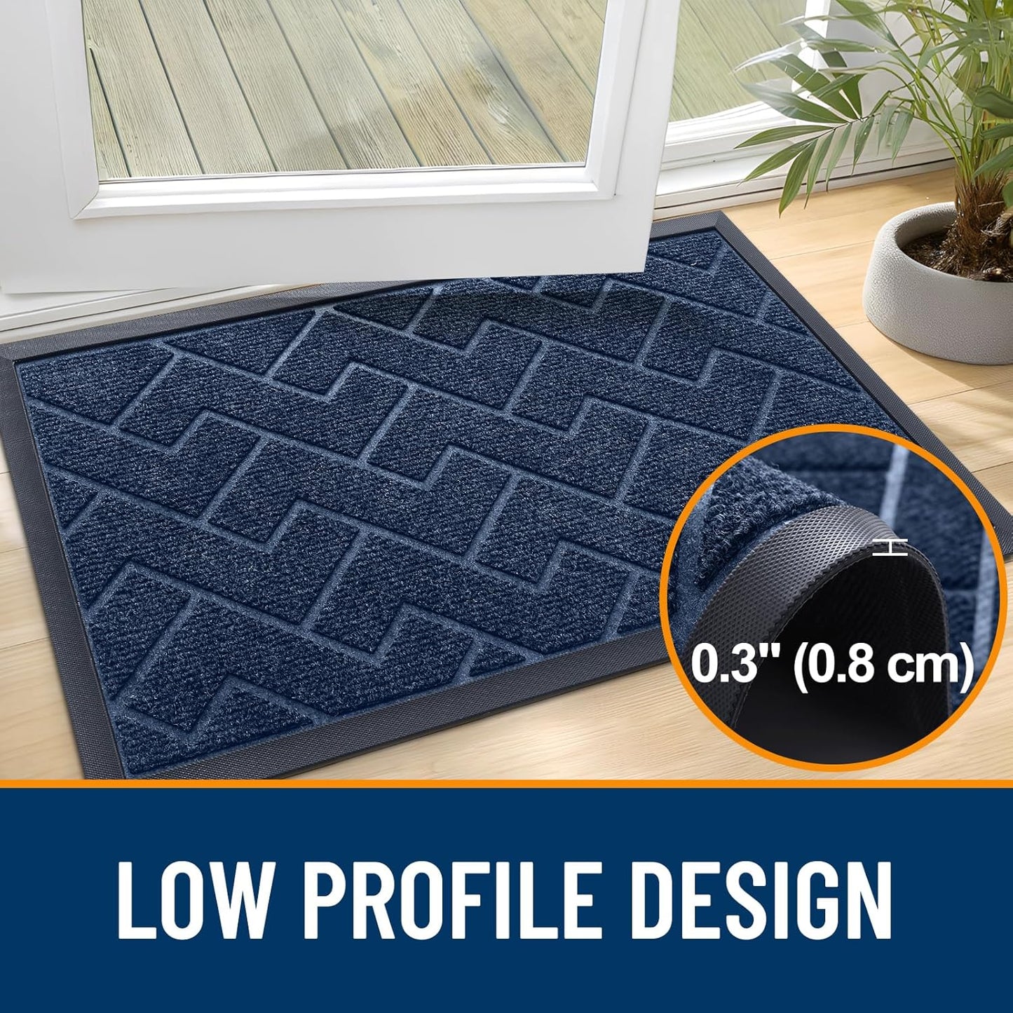 OLANLY Front Door Mat Indoor Outdoor Entrance, Waterproof All-Season, All-Weather Doormat, Sturdy Natural Rubber, Low Profile, Easy Clean Patio Porch Entryway Mat, Herringbone Brick (Blue, 59x23)