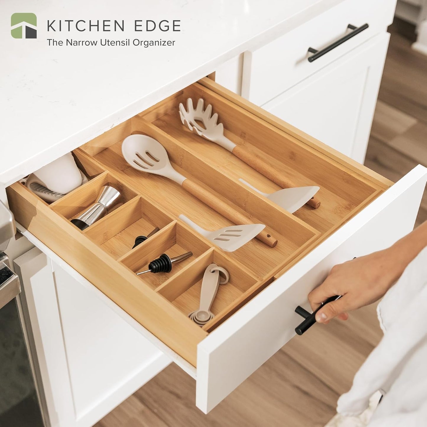 KitchenEdge Adjustable Kitchen Drawer Organizer for Utensils and Junk, Food-Safe Contract Grade with 100% Sustainable Wood, Expandable from 10.5 to 19 Inches Wide - Natural Bamboo