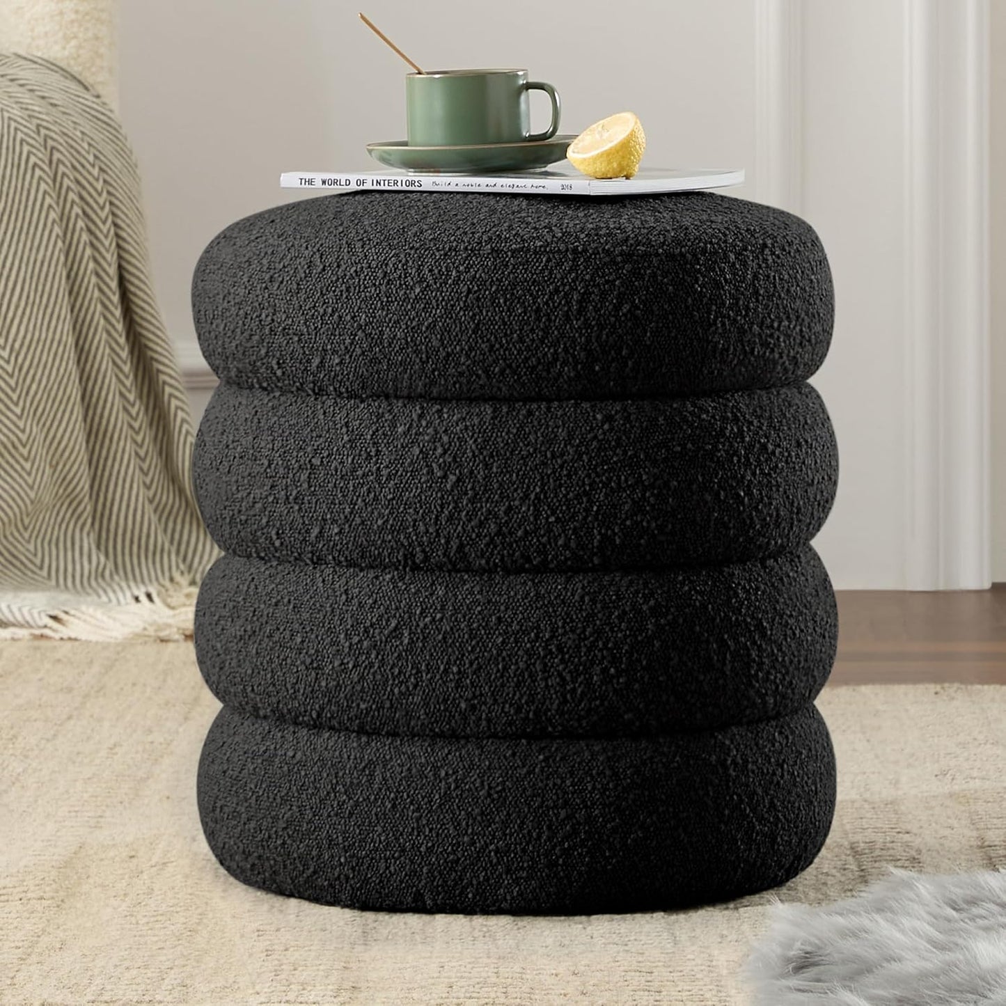 Round Ottoman with Storage Boucle Ottoman Stool with Storage Removable Lid for Living Room Modern Vanity Sorage Stool Foot Rest Bedroom Dorm Gift Set of 1 (Black)