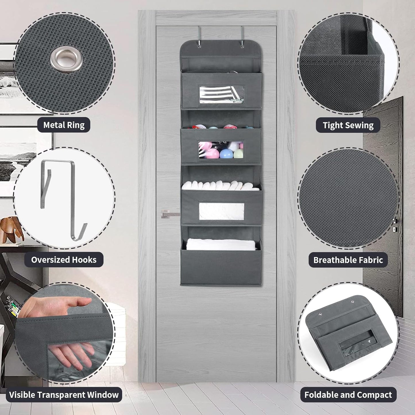 MAX Houser 4-Shelf Over The Door Hanging Organizer with 2 Metal Hooks,4 Pocket Over The Door Wall Mount Storage with Clear Windows for Baby Nursery Bathroom Closet,Bedroom,Dorm,Diapers,Kids Toys(Gray)
