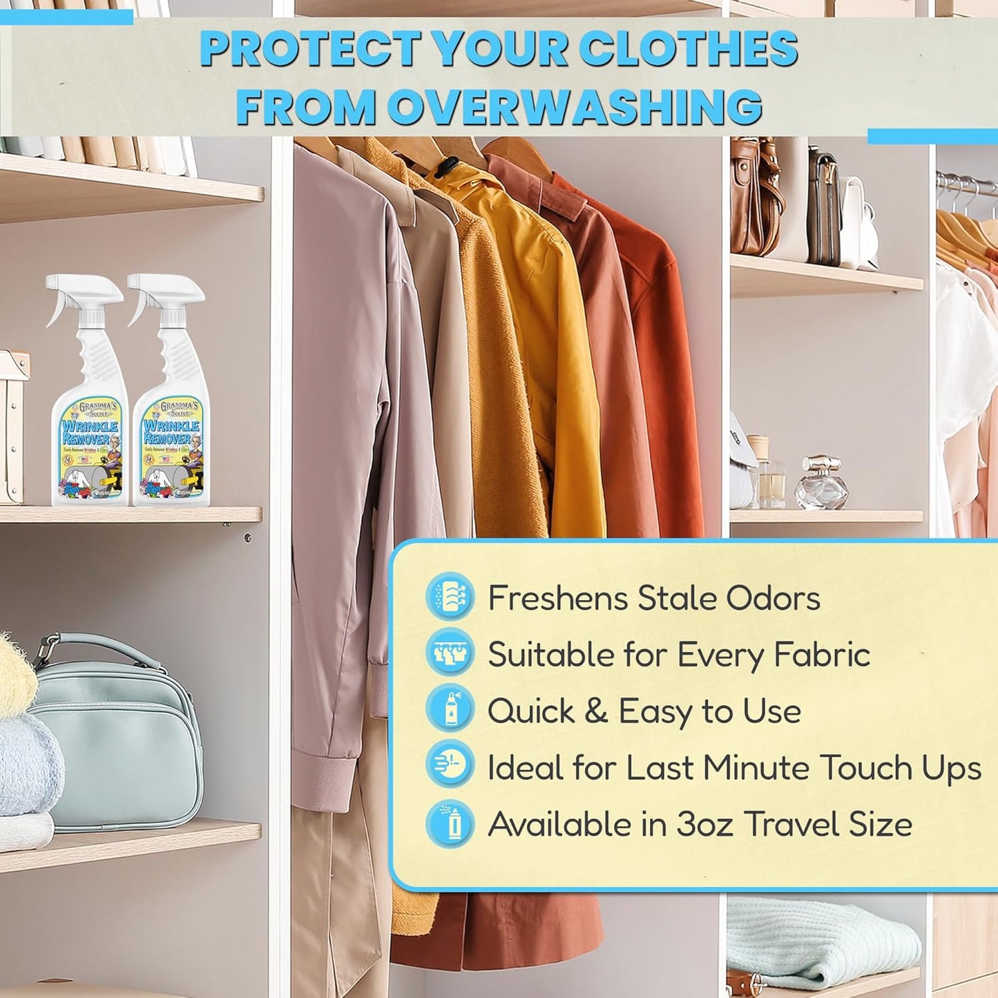 Grandma's Secret Wrinkle Remover Spray - Easily Removes Wrinkles & Odors - Wrinkle Release, Fabric Refresher Spray, Chlorine, Bleach and Toxin-Free - 16 Ounce, 3 Pack