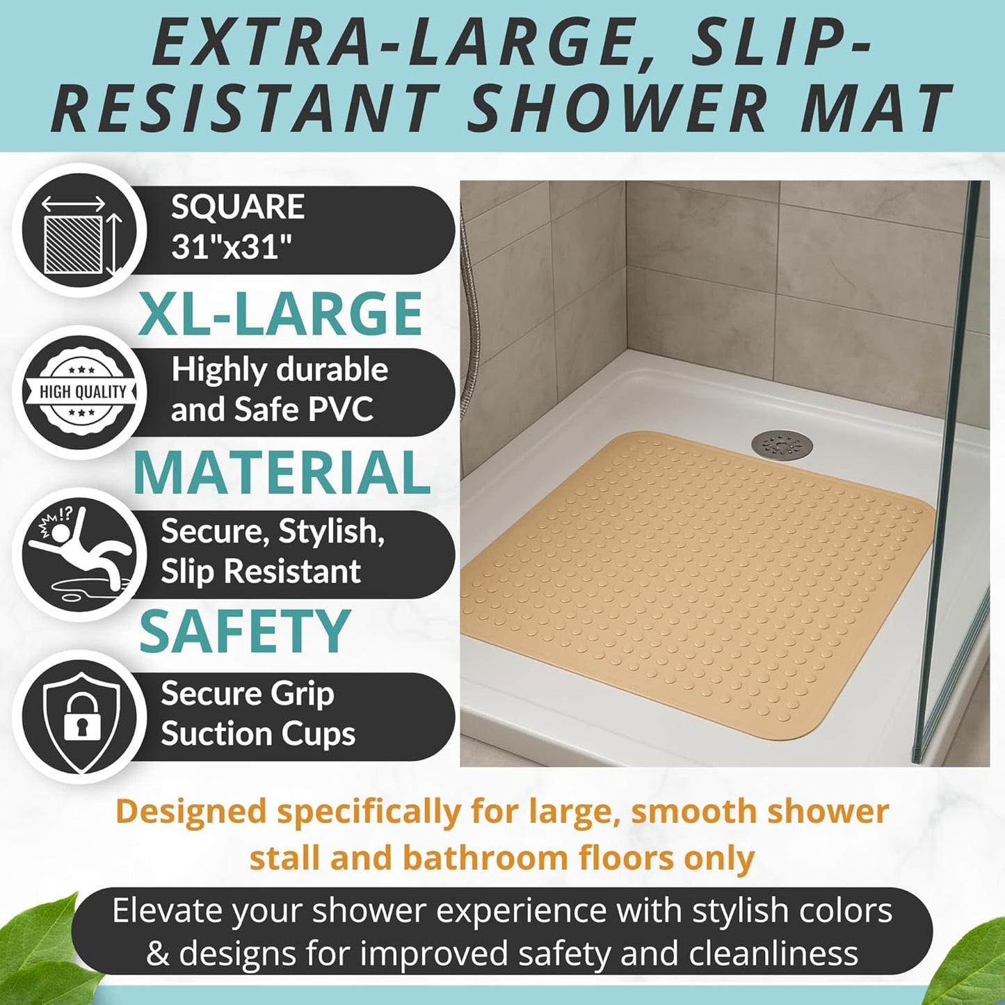 ENKOSI Extra Large Square Non Slip Shower Mat - 31 x 31-inch XL Bathroom Shower Mat - Square Shower Mats for Shower Stall Floors | Secure Suction Cups and Drain Holes (31x31 Beige Opaque)
