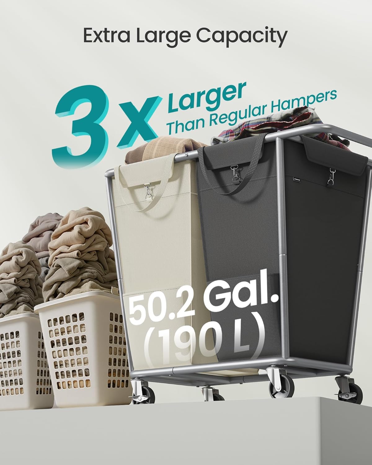 SONGMICS Laundry Basket with Wheels, 50.2 Gallons (190 L), 2-Section Rolling Laundry Hamper with Removable Bags, Heavy-Duty Steel Frame with Handle, Cream White and Dark Gray URLS009X01