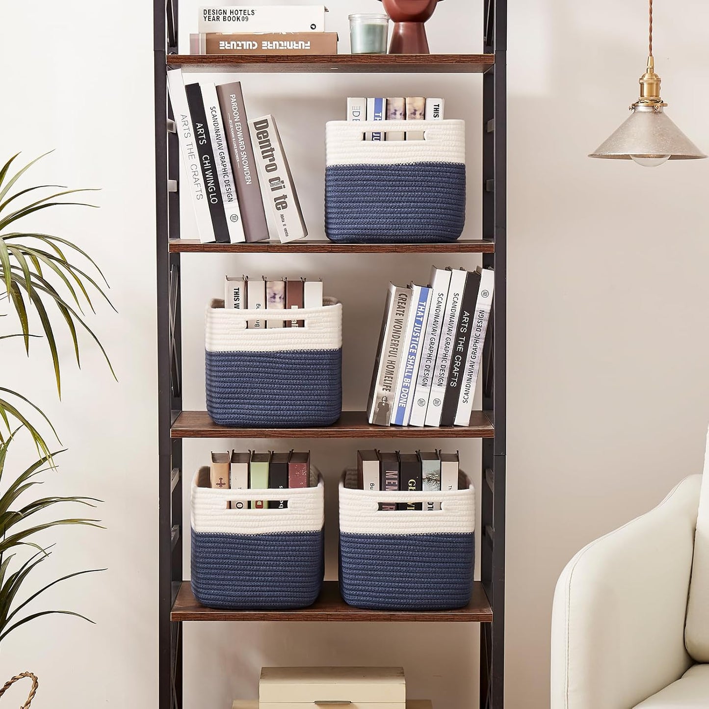 OIAHOMY 4 Pack Storage Baskets for Organizing, Basket for Shelves with Handle, Woven Baskets for Storage Toys, Towels, Books, Cotton Rope Basket 13" L x 9 " W x 7.8 " H, Blue & White