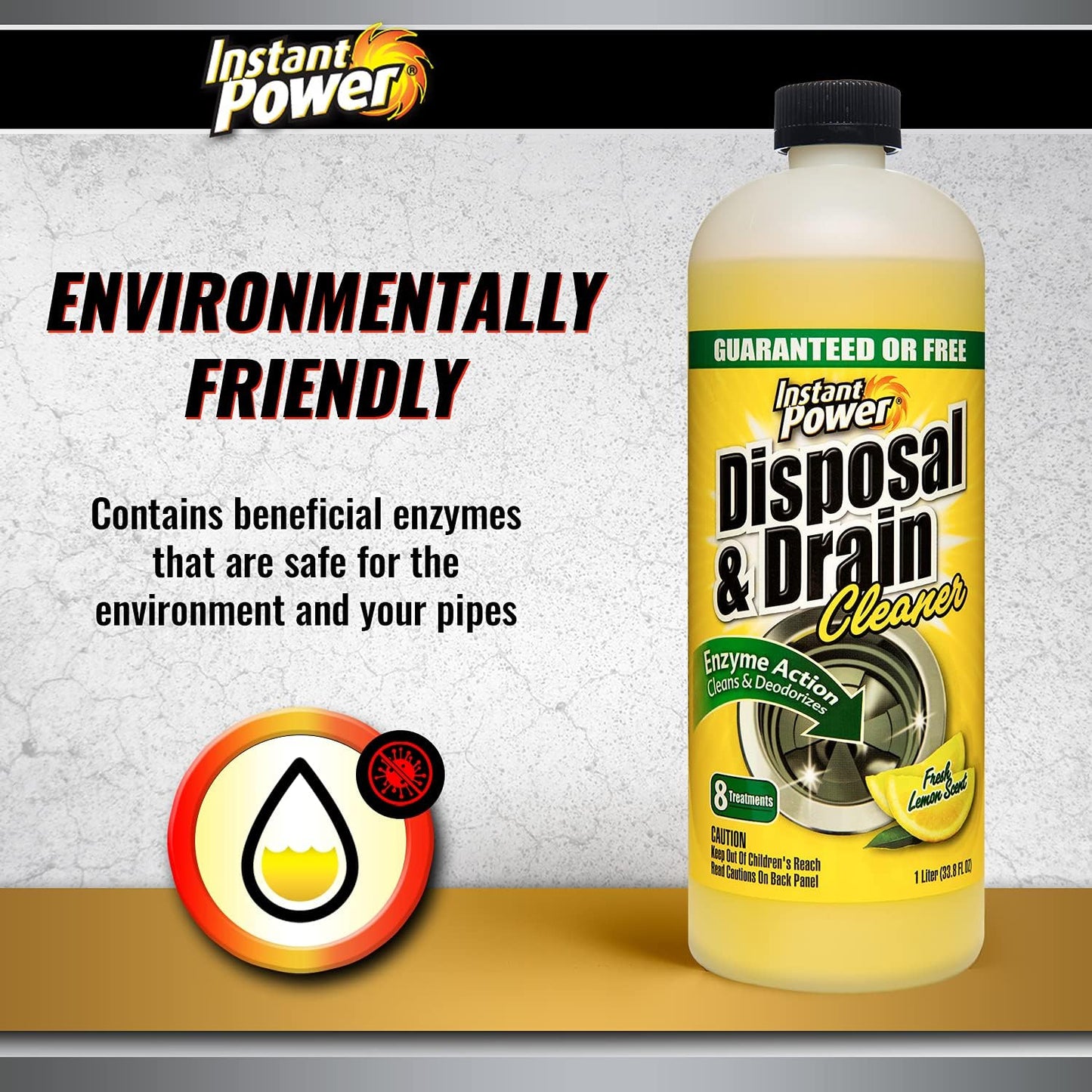 Instant Power Disposal and Drain Cleaner – Liquid Enzyme Clog Remover, Cleans and Deodorizes, Removes Drain Blockages, Fresh Lemon Scent, 33.8 Fl oz, 1 Liter