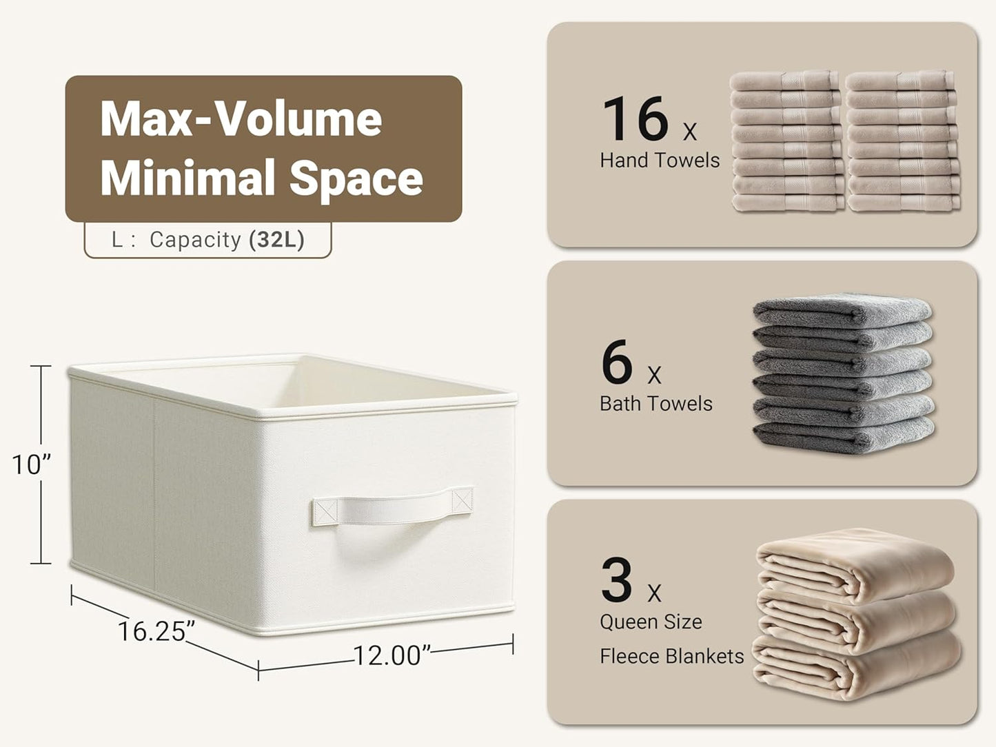 3 Pack Fabric Storage Bins for Shelves | 16.25x12x10in Closet | Collapsible Bins for Organization | Linen Clothes Storage Bins | White & Ivory