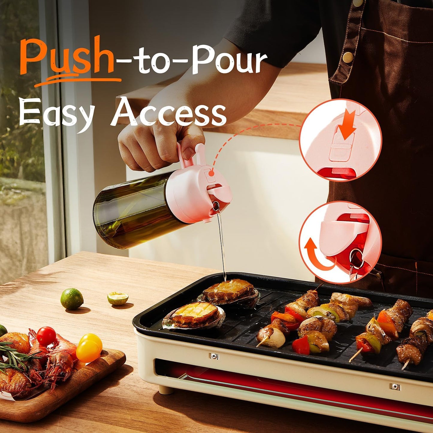 TrendPlain - Original 16oz/470ml Olive Oil Dispenser Bottle for Kitchen Gadgets and Air Fryer Accessories - Olive Oil Sprayer for Cooking w/Stickers - Peach