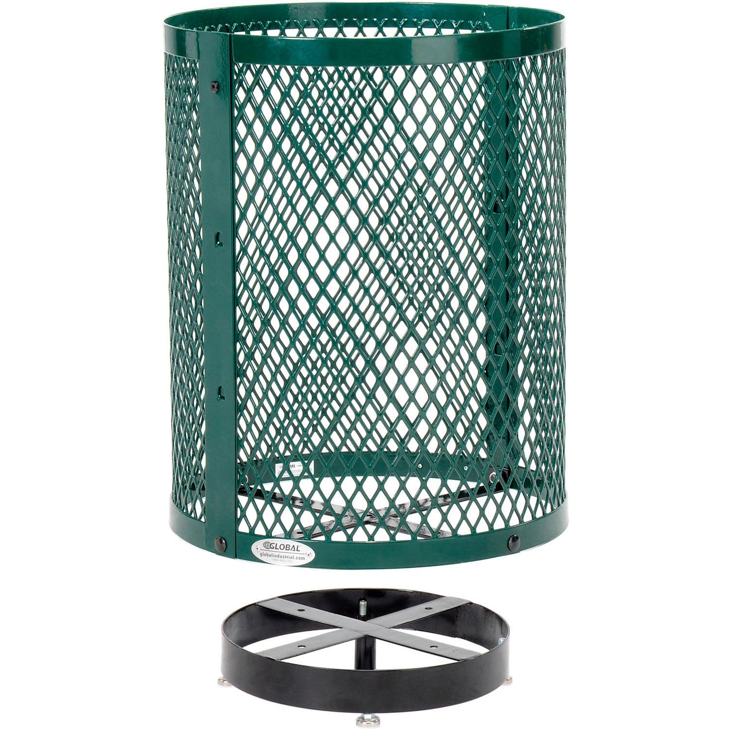 Global Industrial Outdoor Diamond Steel Trash Can with Rain Bonnet Lid, Raised Base and Plastic Liner, 36 Gallon Capacity, Green, Thermoplastic Coating, 23-1/2" Diameter, 43-1/2"H