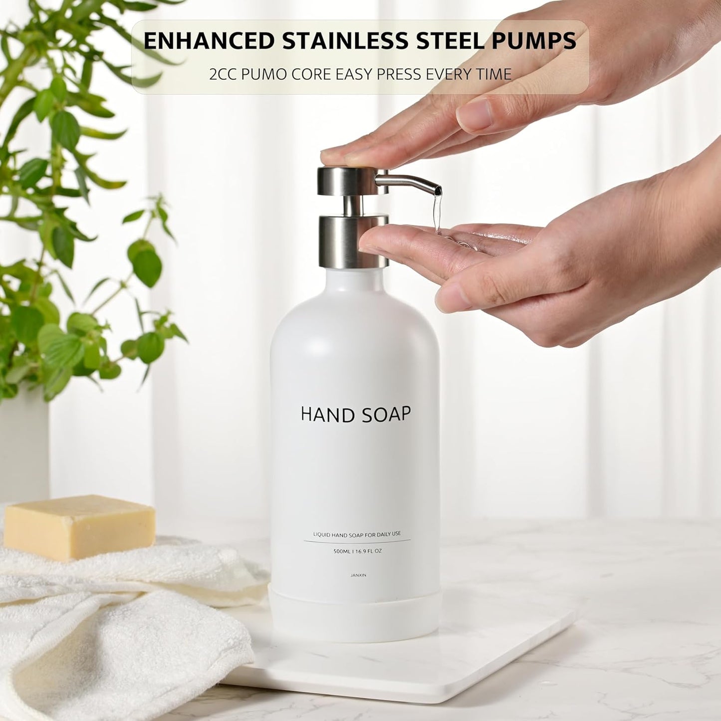 Glass Soap Dispenser Set by Janxin,Bathroom Soap Dispenser Set with Ceramic Tray,Luxury Bathroom Accessories,Modern Kitchen Decor (White+Silver(Hand Soap))