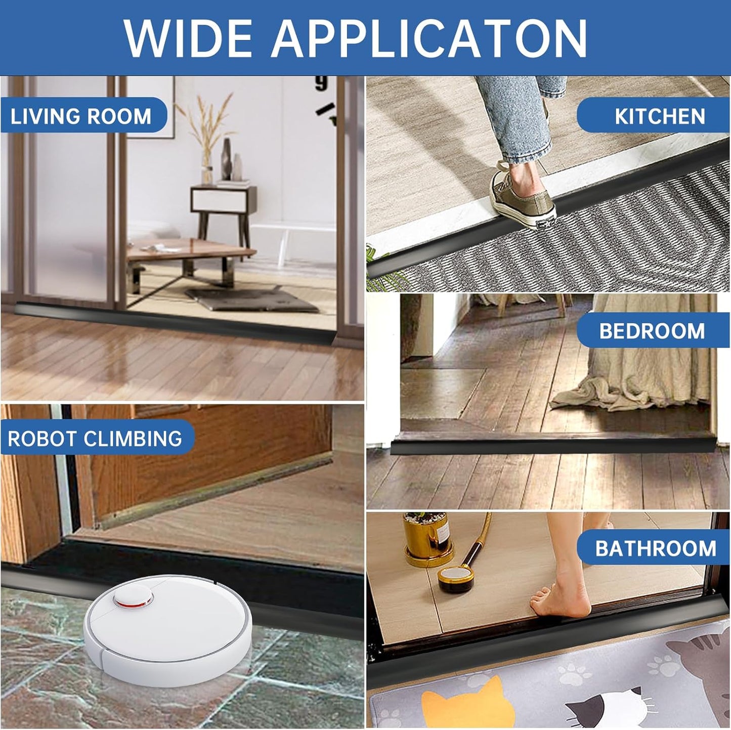 Vinyl Door Threshold Flooring Transition Strip Self Adhesive Carpet Edging Strip for Laminate Doorway Edge Threshold from 3/5" to 4/5" (Black, 6.6 Ft)