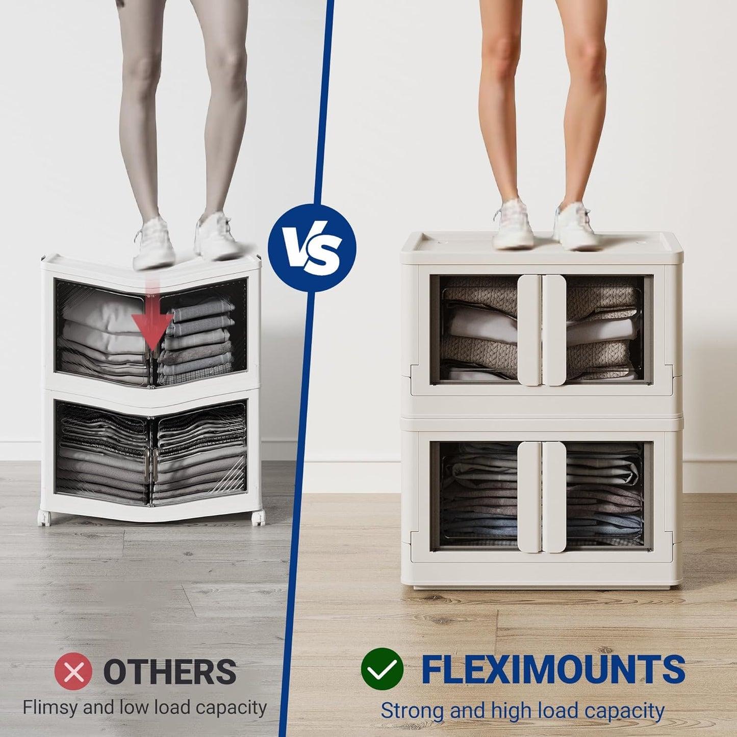 FLEXIMOUNTS 75 QT Stackable Storage Bins With Lids, Collapsible Plastic Storage Bins, Closet Organizers and Storage Containers with Doors and Built-in Wheels For Home, 2 Pack Cubes, Milky White