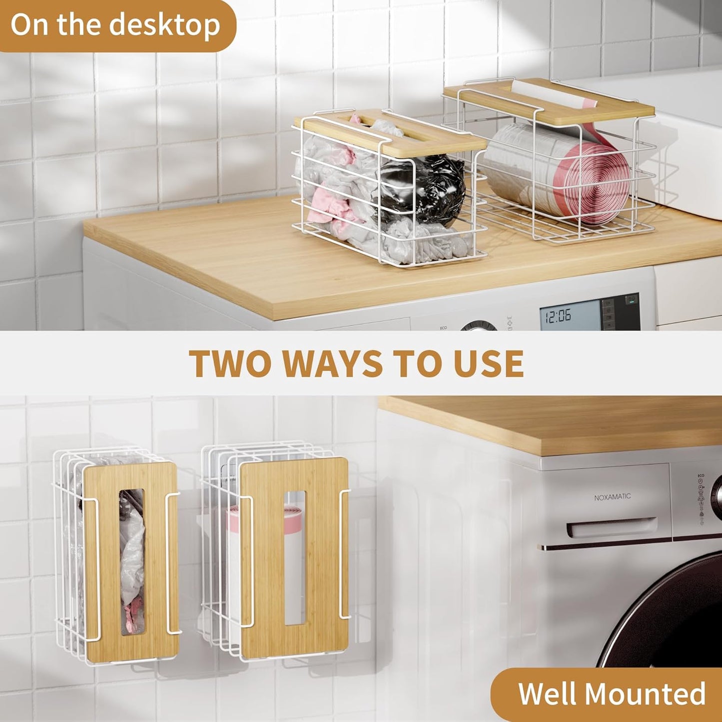 2 Pack Grocery Bag Holder for Plastic Bags - Wall Mount Kitchen Plastic Bag Holders for Grocery Bags - Bag Holder for Kitchen,Under Sink,Pantry and Garage,White