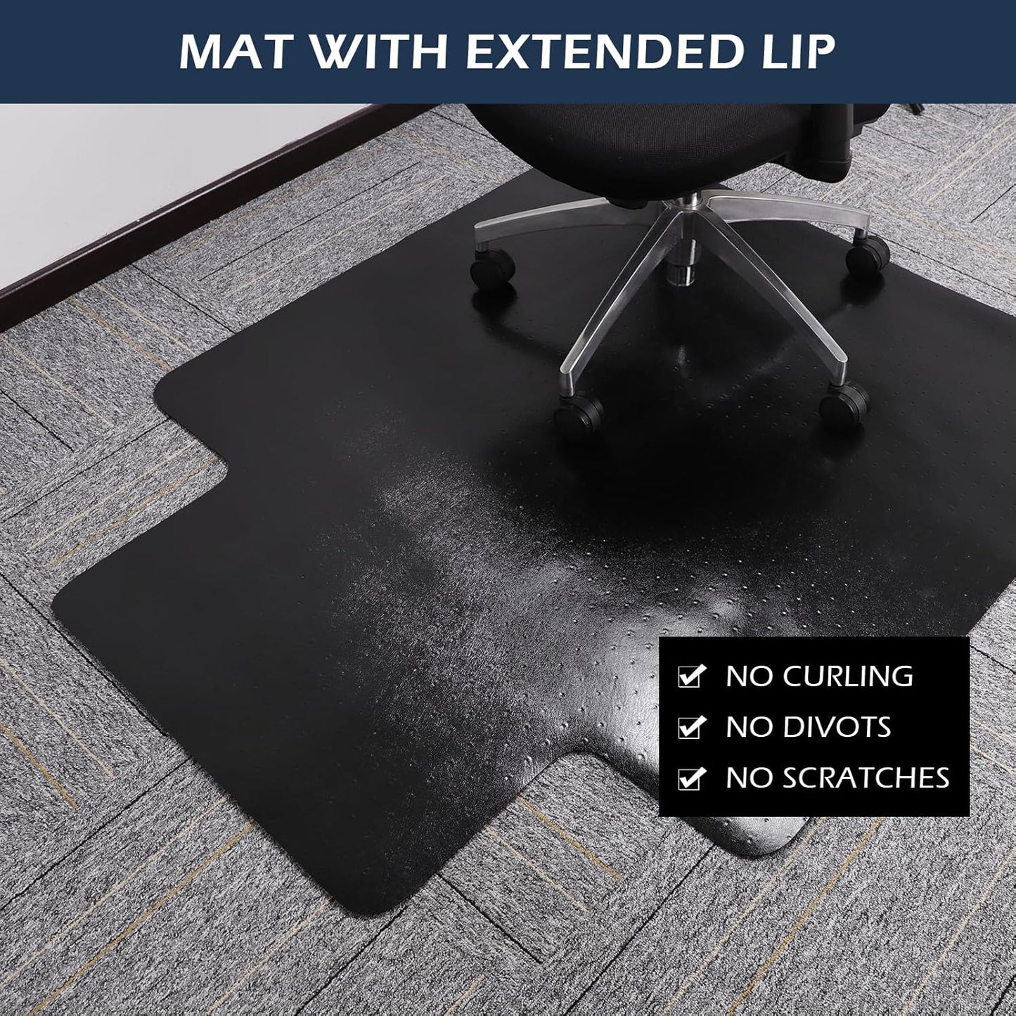 SALLOUS Office Chair Mat for Carpet, 48in x 36in Heavy Duty, Gaming Chair Mat with Grips, Rolling Desk Chair Floor Mat for Home Office (Black, Extended Lip)
