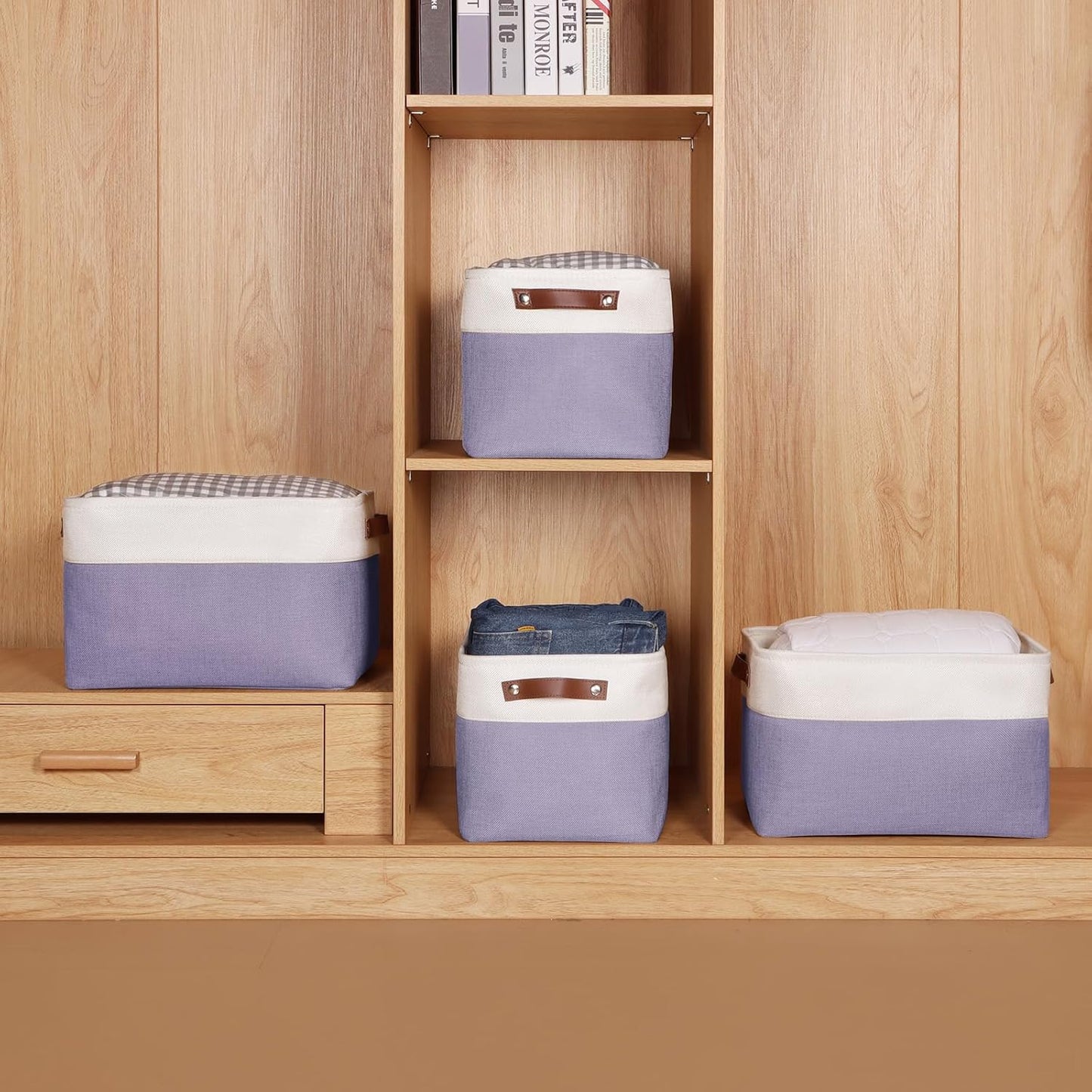 Univivi Large Fabric Storage Baskets Hard Bottom Organizer Bins for Shelves Organizing Foldable Storage Bins with PU Handles for Closet (Purple-4-Pack)