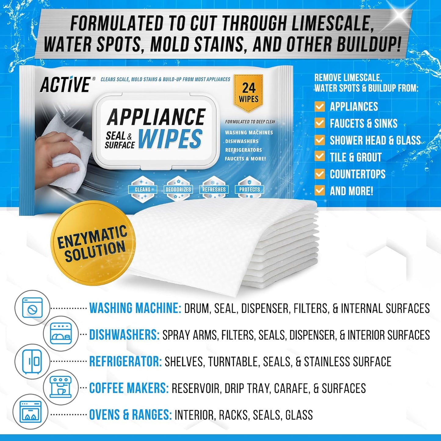 ACTIVE Home Appliance Surface Cleaner Wipes Heavy Duty Wipe for Cleaning Washing Machine, Dryer Stainless Steel Refrigerator, Glass Cooktop, Microwave, Dishwasher, Counter, Tile - 24 Large Wipes