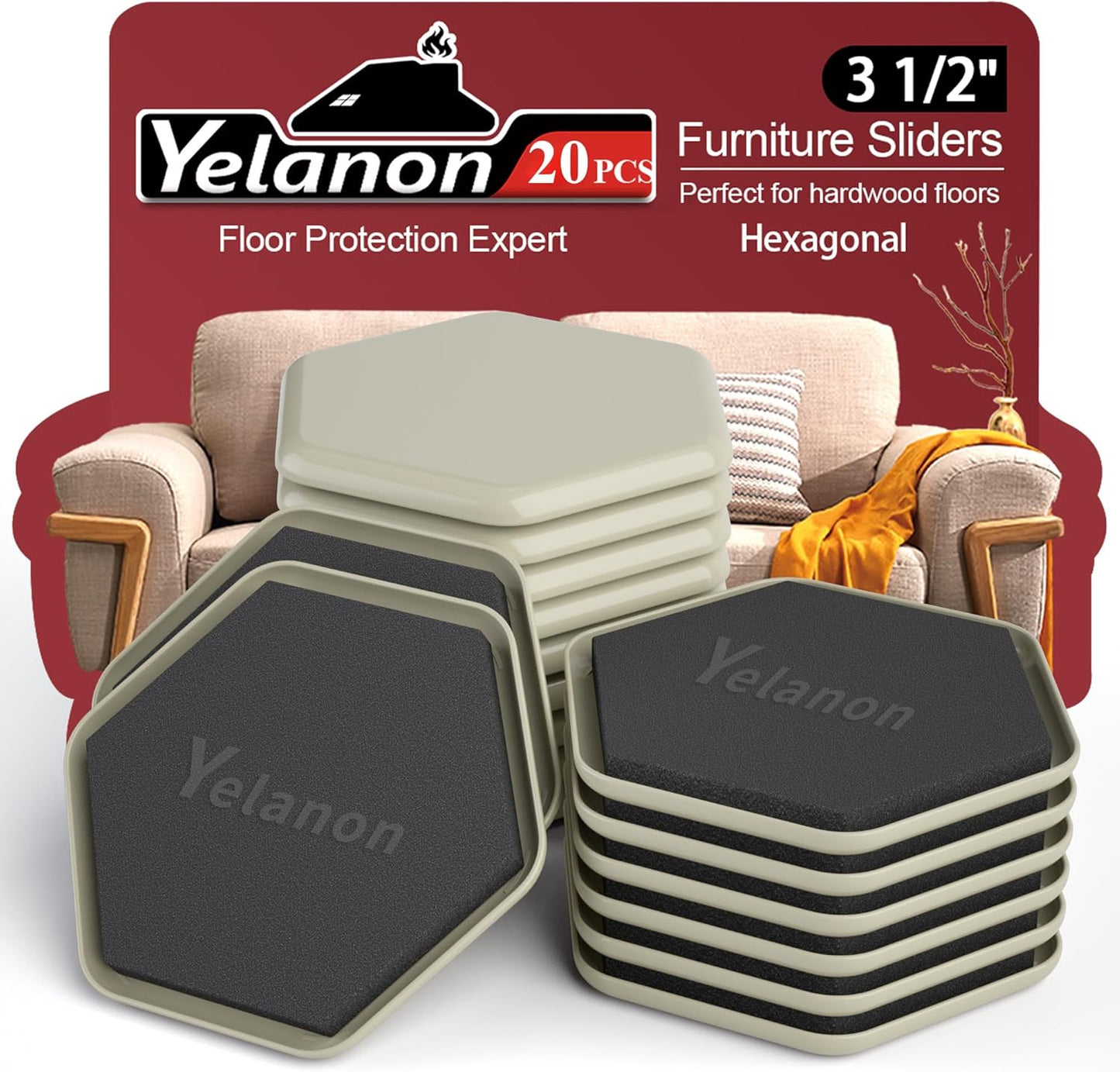 Furniture Sliders - 20 pcs-3 1/2” Hexagon Beige Furniture Sliders for Carpet, Heavy Duty Furniture Movers Sliders, Reusable Furniture Moving Pads, Floor Protectors for Carpet