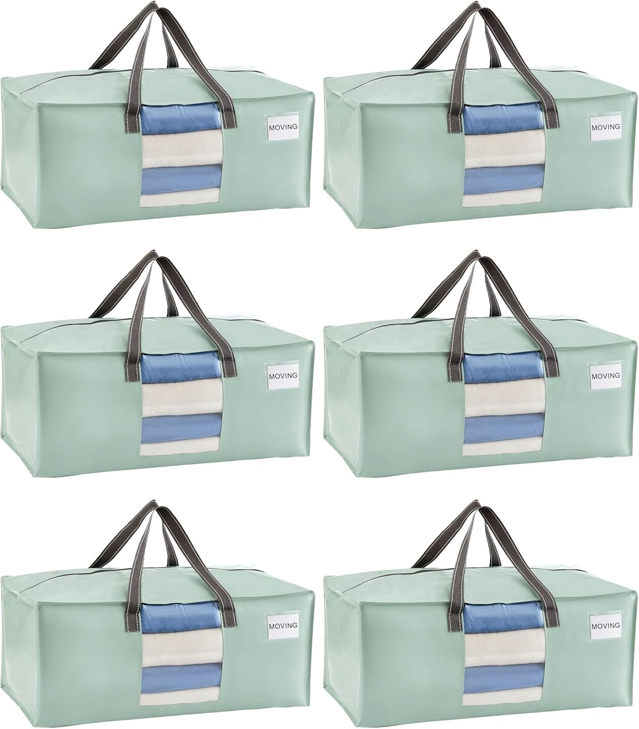 VENO 6 Pack Moving Bags for College, Heavy-Duty Storage Totes, Moving Boxes and Wardrobe Packing Supplies Alternative - Extra Large Durable Laundry Bags for Clothes (Shiny Light Green, 6 Pack)