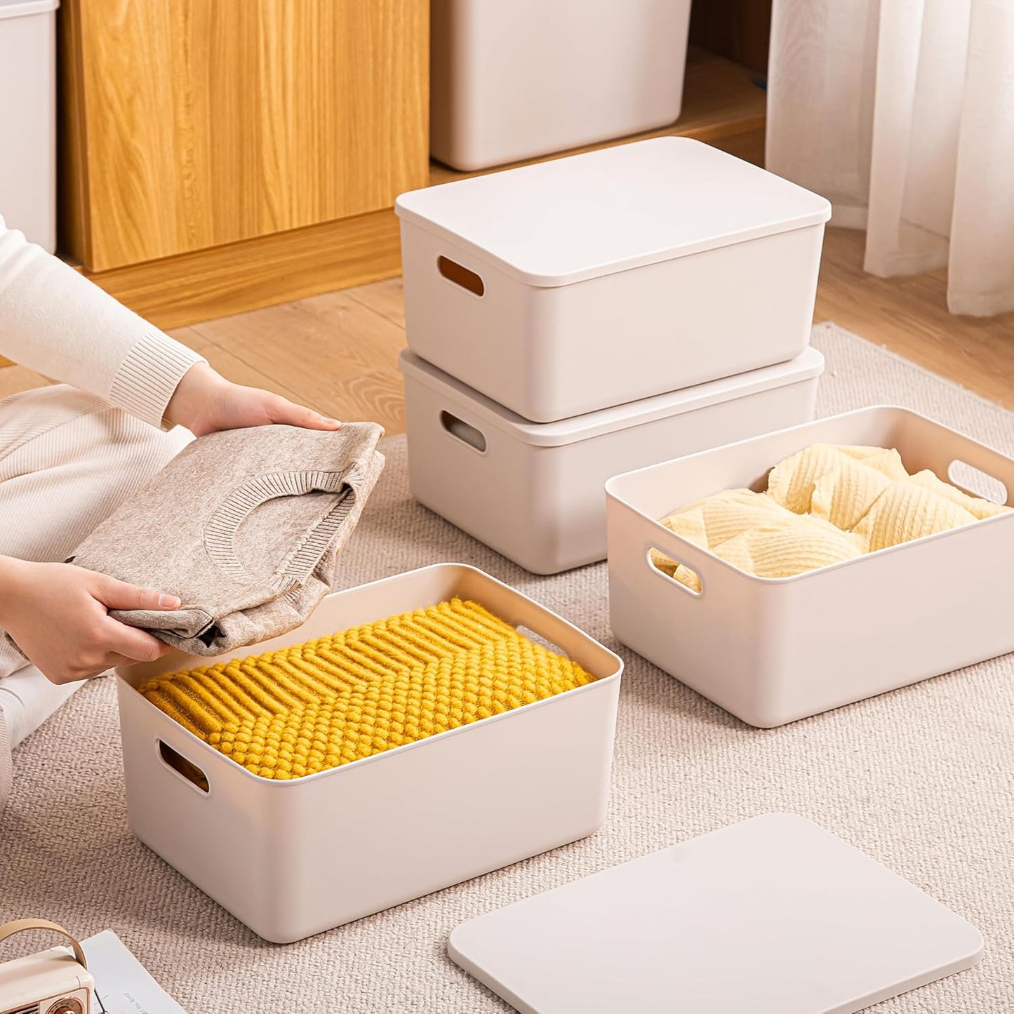 Plastic Storage Bins with lids,Storage Baskets,Container with handle,Storage Organizer Bins for Shelves,Office,Bedrooms,Closets, Cabinets(Gray, 3M)