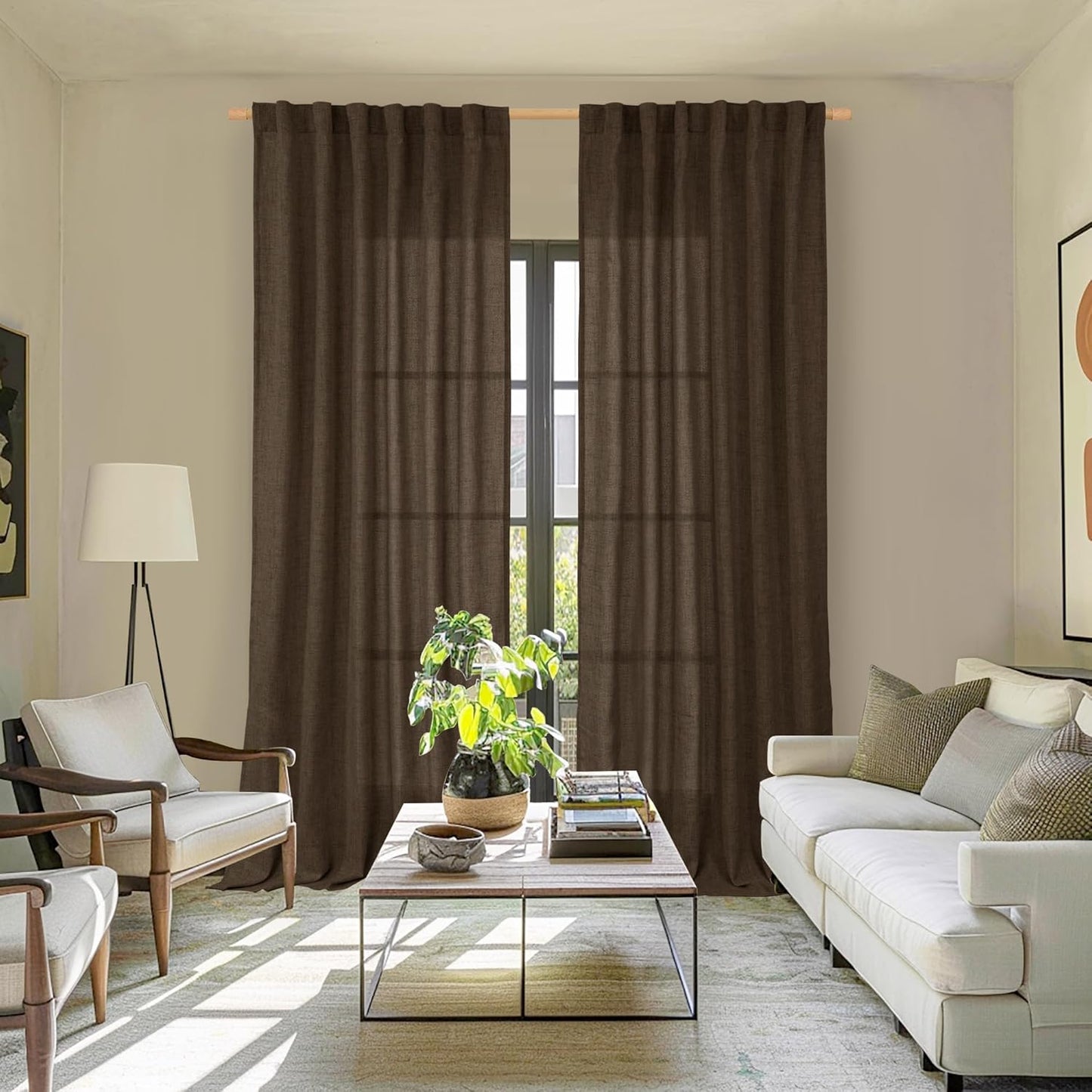 YoungsTex Linen Curtains 90 Inch Length for Living Room, Semi Sheer Window Drapes Rod Pocket Back Tab Light Filtering Privacy for Dining Room Office Bedroom, Brown, 2 Panels, 52 X 90 Inch