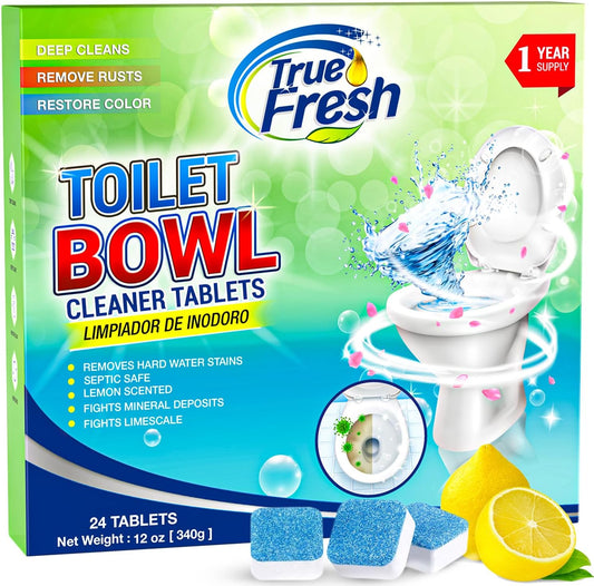 True Fresh Toilet Bowl Cleaner Tablets 24 Pack – Deodorizer & Septic Safe – Deep Cleaning, Odor Eliminator, Stain Remover for Long-Lasting Freshness – Fresh Lemon Scent