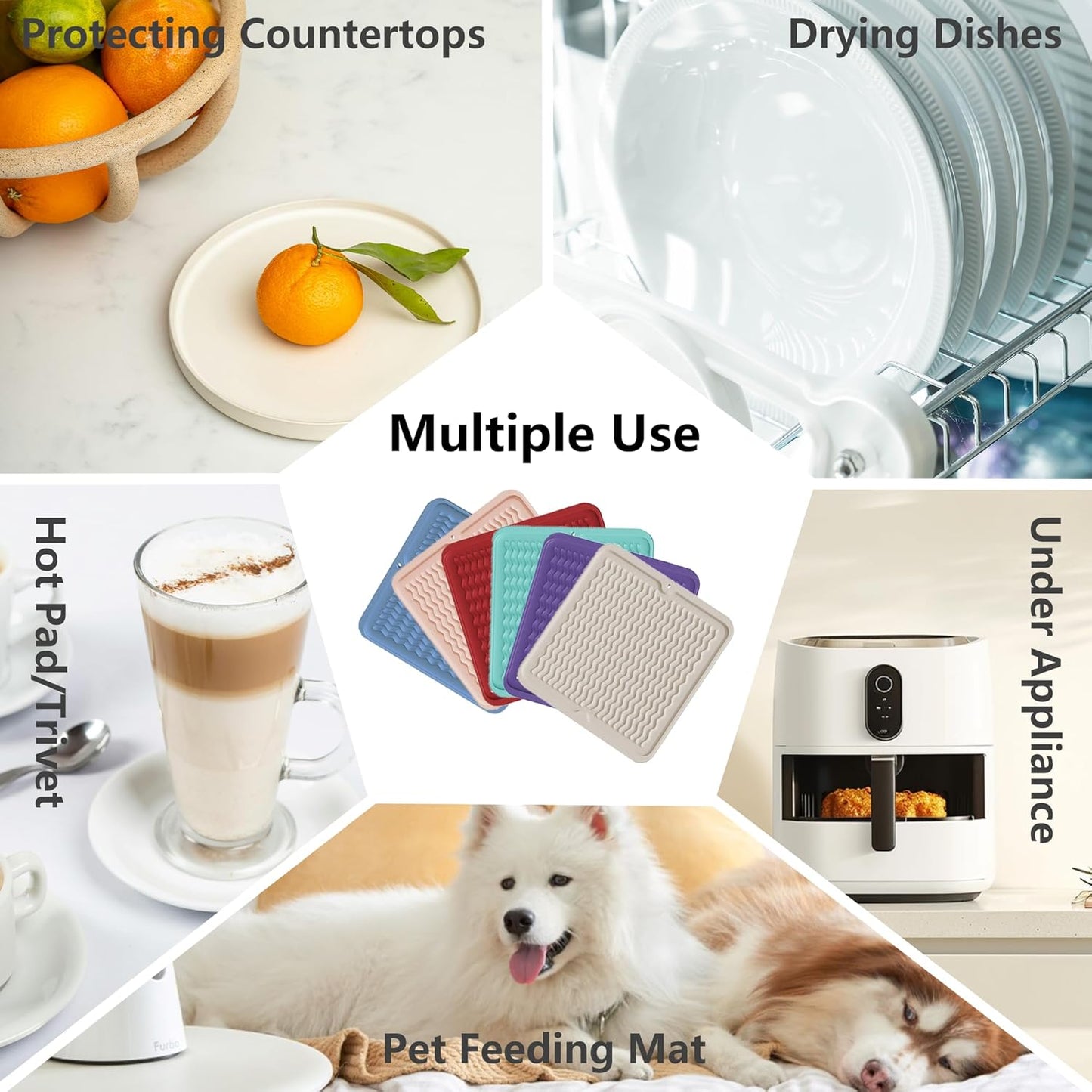 ZLR Silicone Dish Drying Mat for Kitchen Counter, Eco-Friendly Fast Dry Dish Mat, Easy Clean Multi Usage Drying Matt, Heat Resistant Trivet, 12" x 12" Middle, Milk White