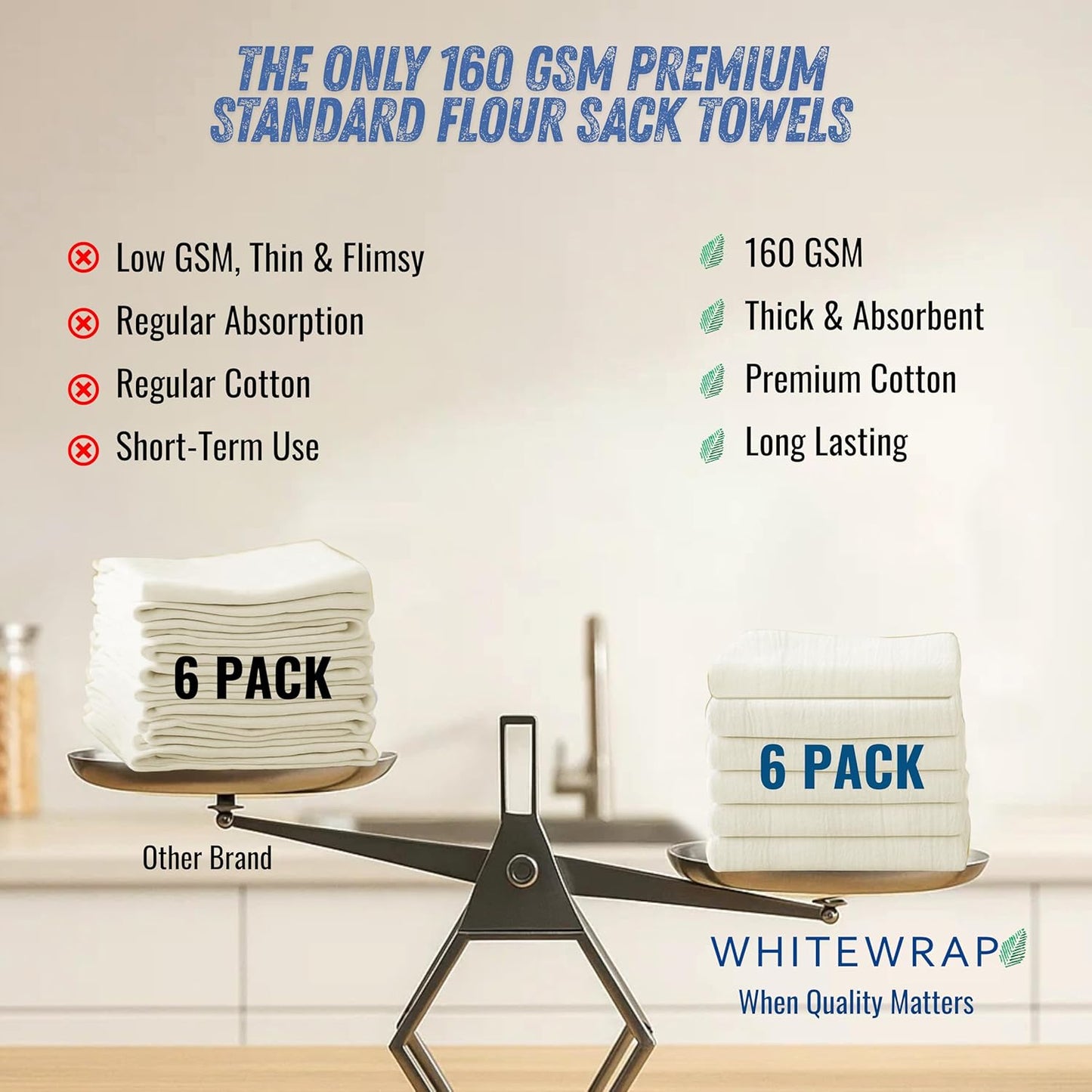 WHITEWRAP Flour Sack Towels| Tea Towel for Crafts| Kitchen Dish Cotton Blank Towel for Embroidery|Baking Bread Proofing Linen Cover| Thick Absorbent Quick Dry| 6 Pack 18"x28" Natural