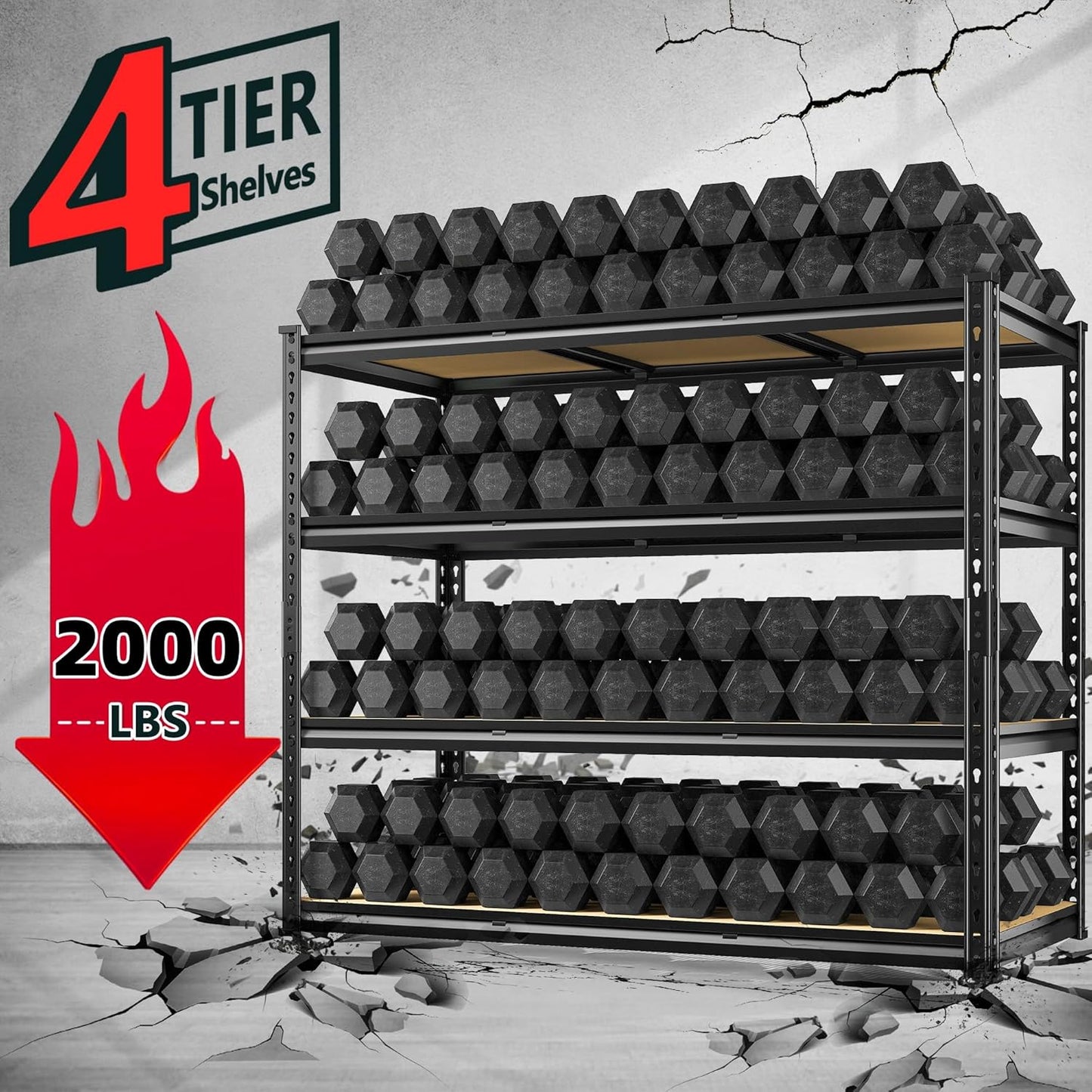 REIBII 48" W Garage Shelving Heavy Duty, 2000LBS Storage Shelves, 4 Tier Adjustable Metal Shelves for Garage Shelving Sturdy Industrial Shelf, Easy Assemble, 48" W x 60" H x 18" D